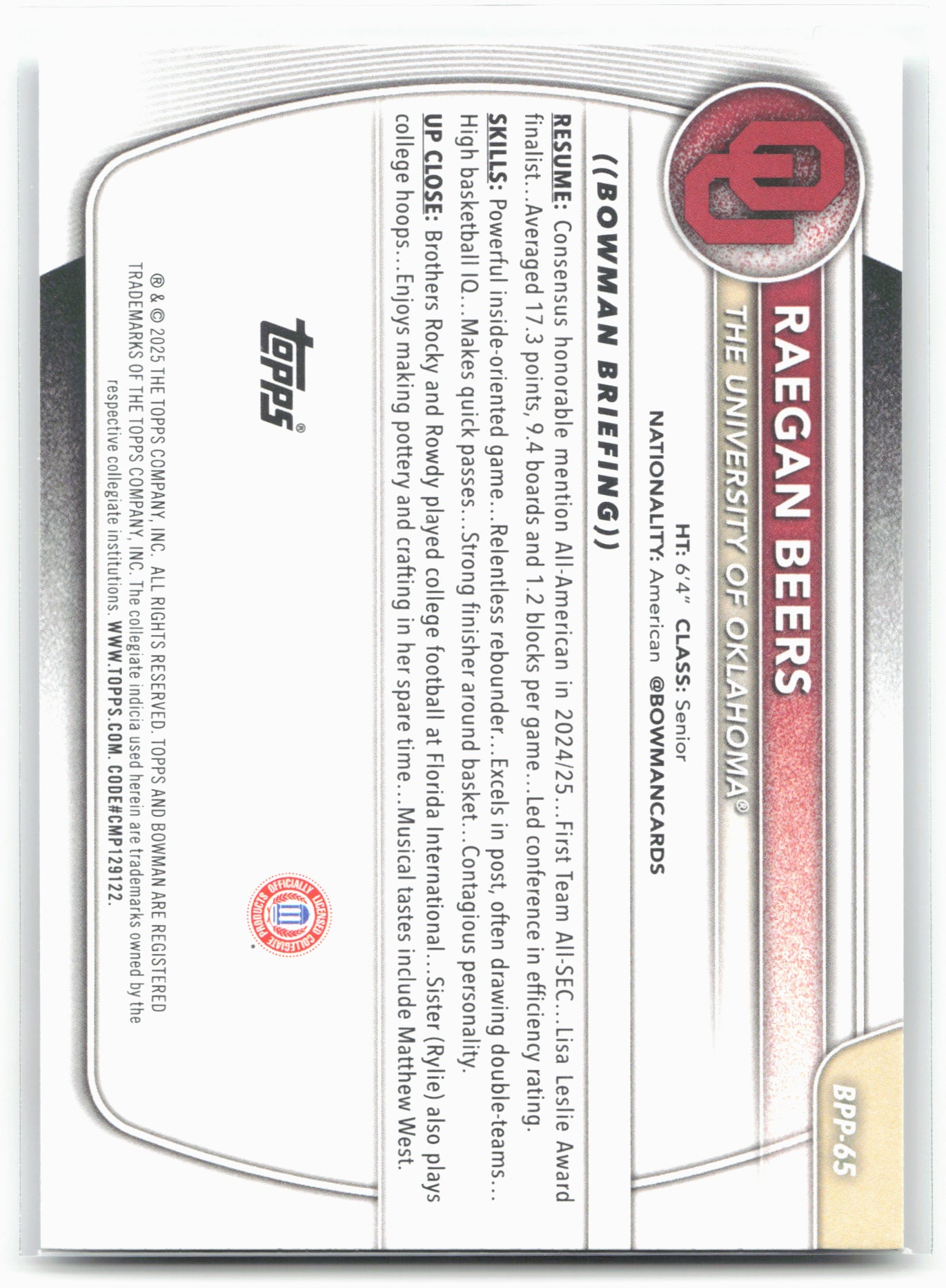 2025-26 Bowman #BPP-65 Raegan Beers Prospects 27973