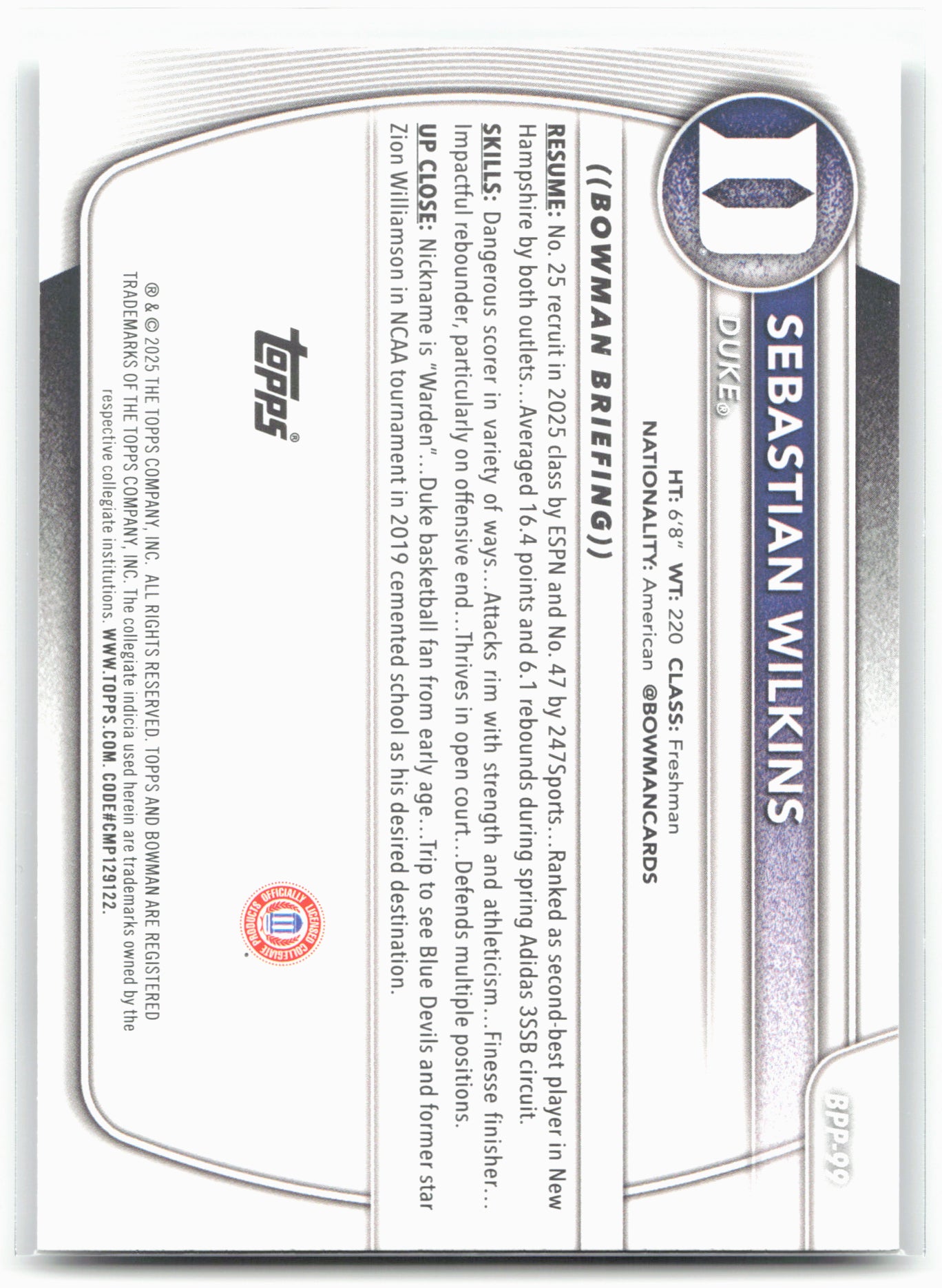 2025-26 Bowman #BPP-99 Sebastian Wilkins Prospects
