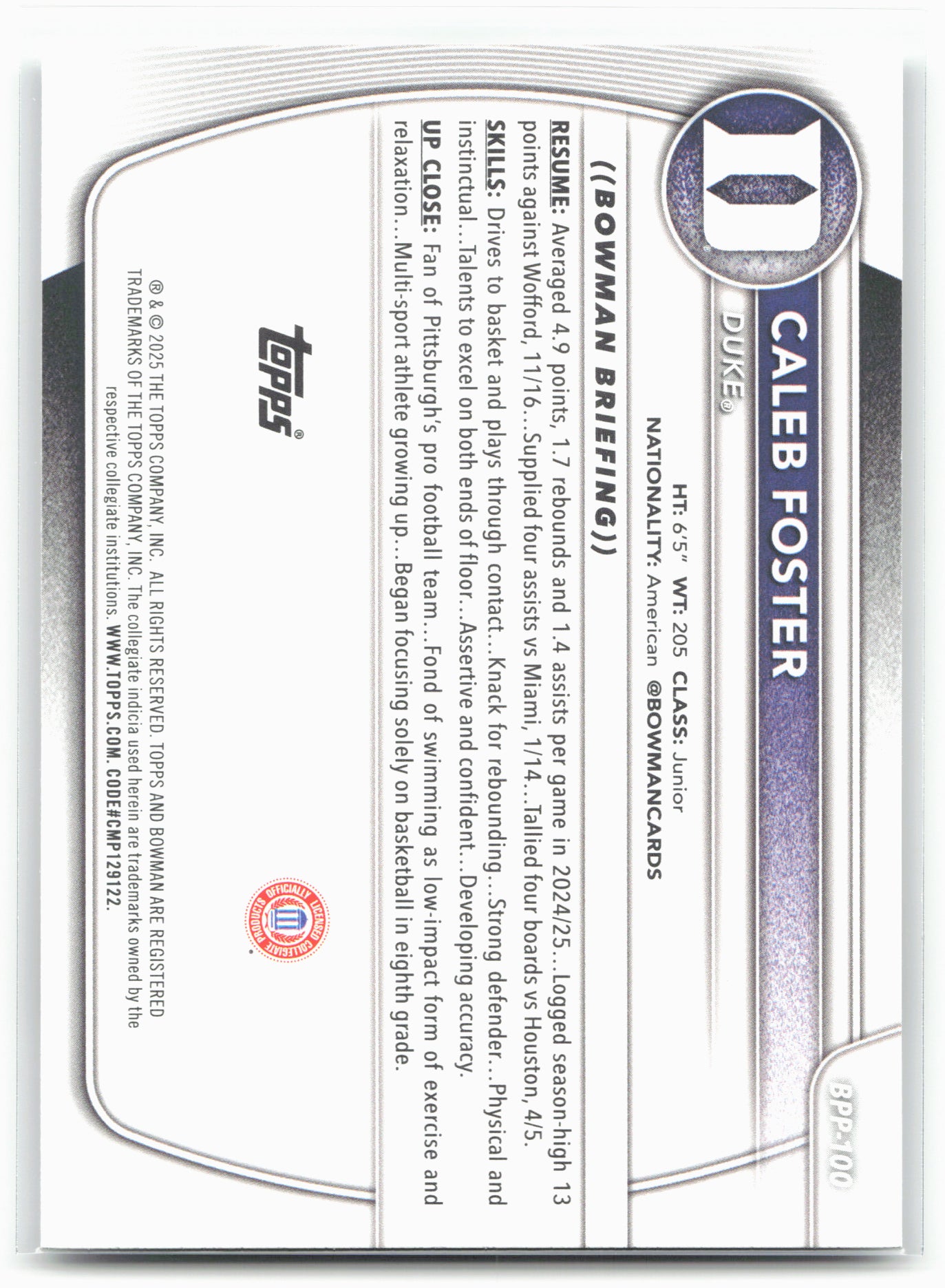 2025-26 Bowman #BPP-100 Caleb Foster Prospects