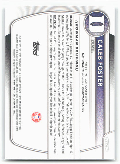 2025-26 Bowman #BPP-100 Caleb Foster Prospects