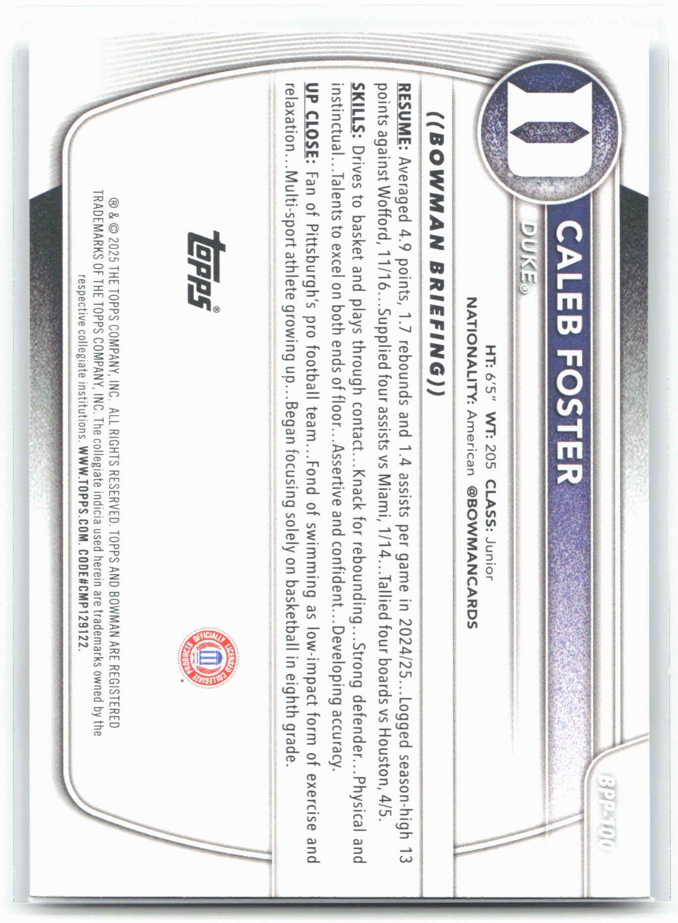 2025-26 Bowman #BPP-100 Caleb Foster Prospects 27976