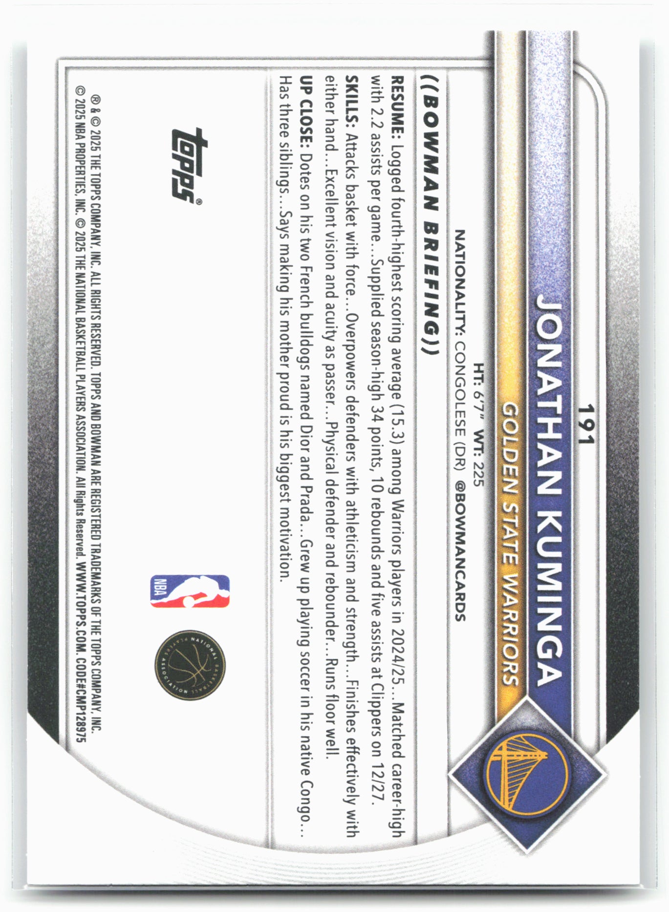 2025-26 Bowman #191 Jonathan Kuminga