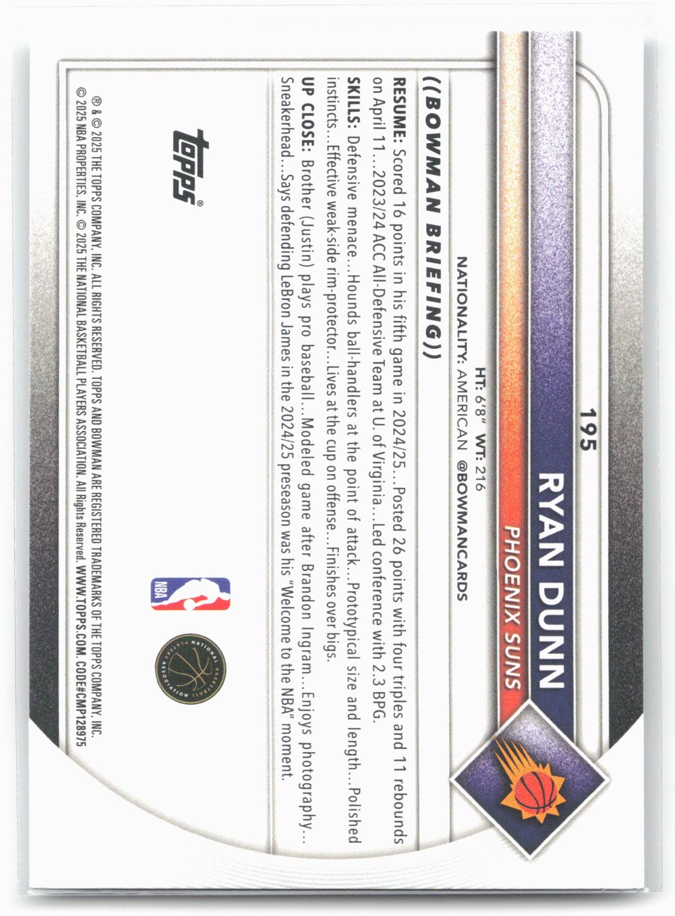 2025-26 Bowman #195 Ryan Dunn