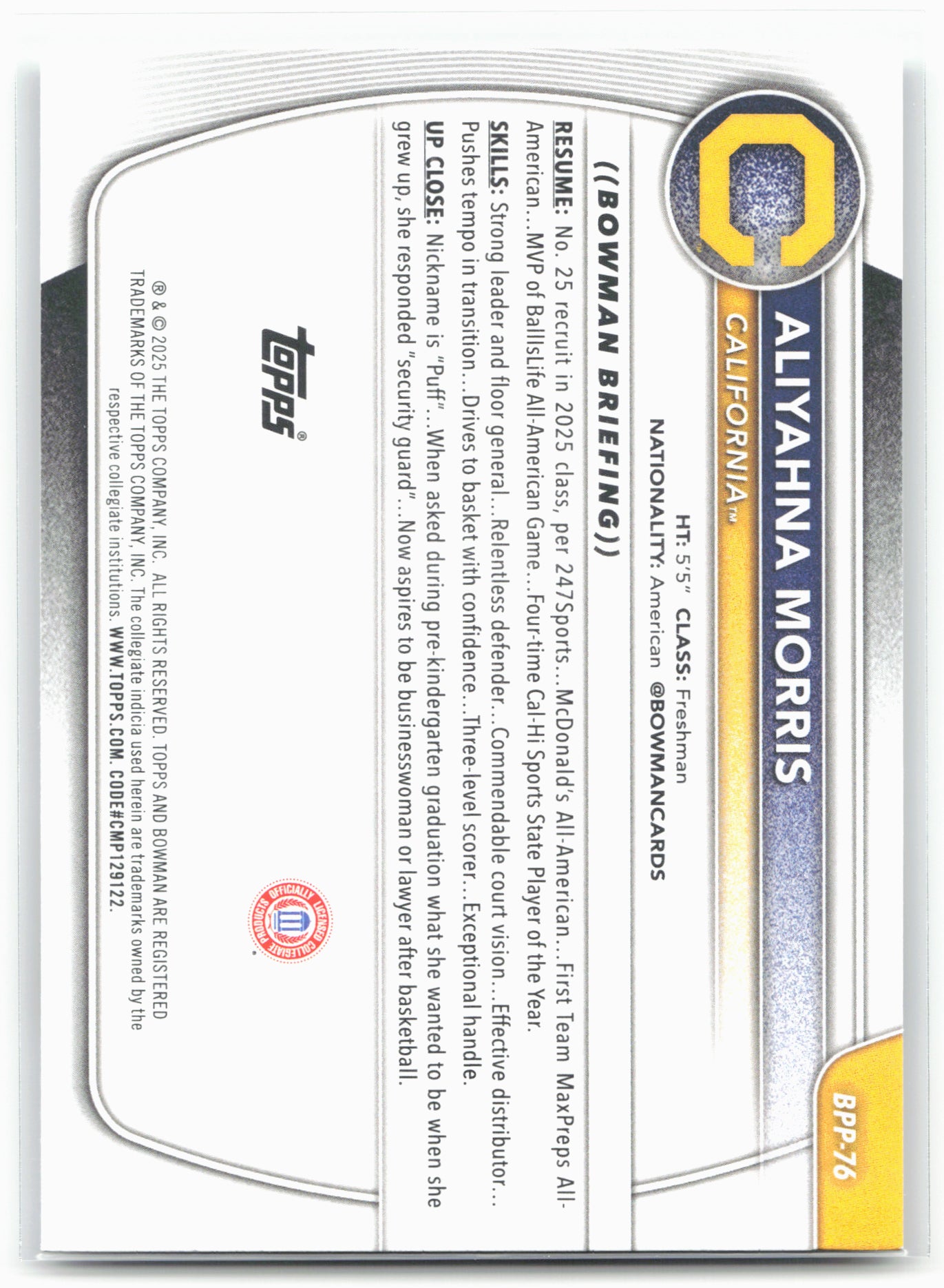 2025-26 Bowman #BPP-76 Aliyahna Morris Prospects 27996