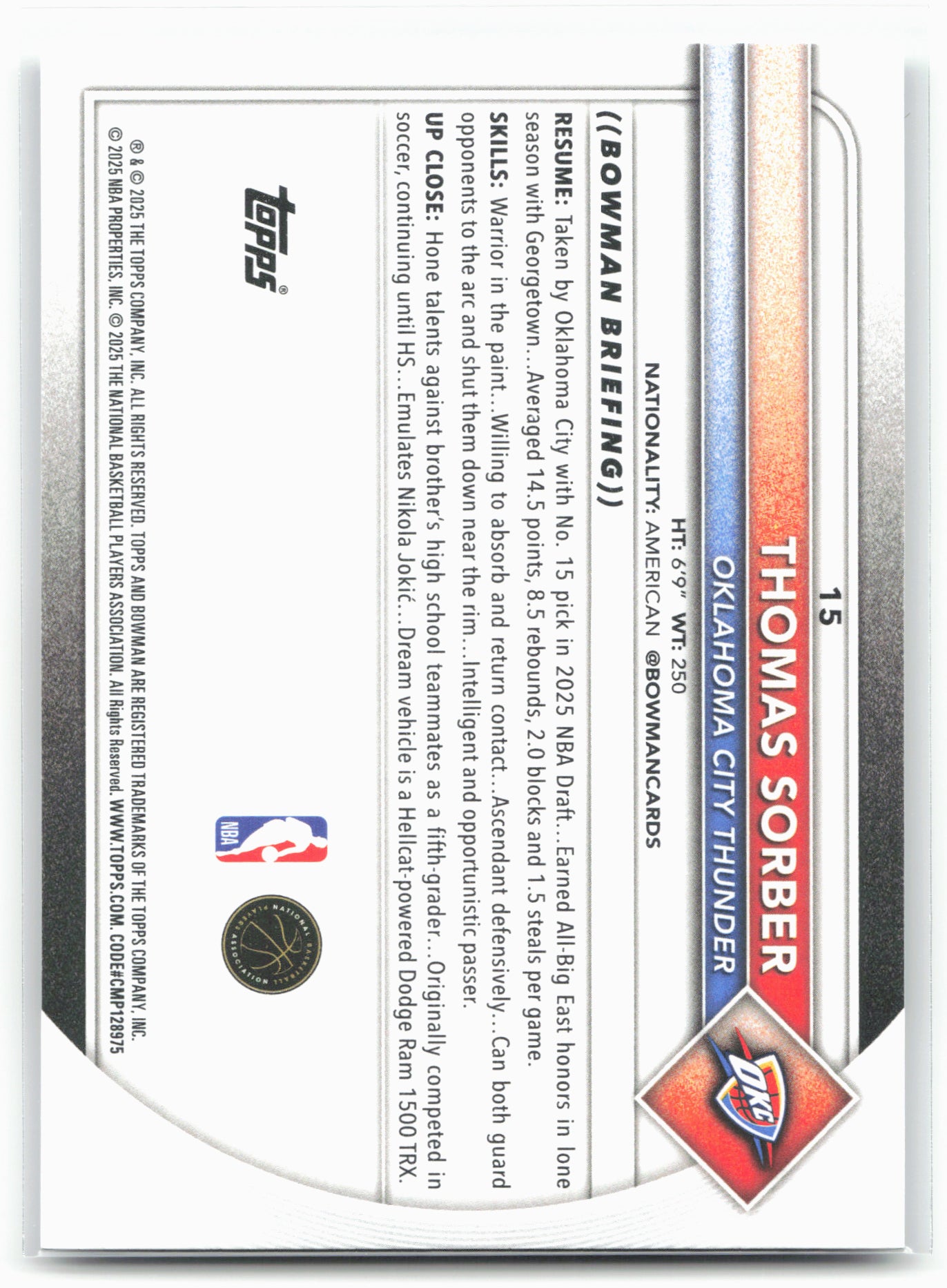 2025-26 Bowman #15 Thomas Sorber