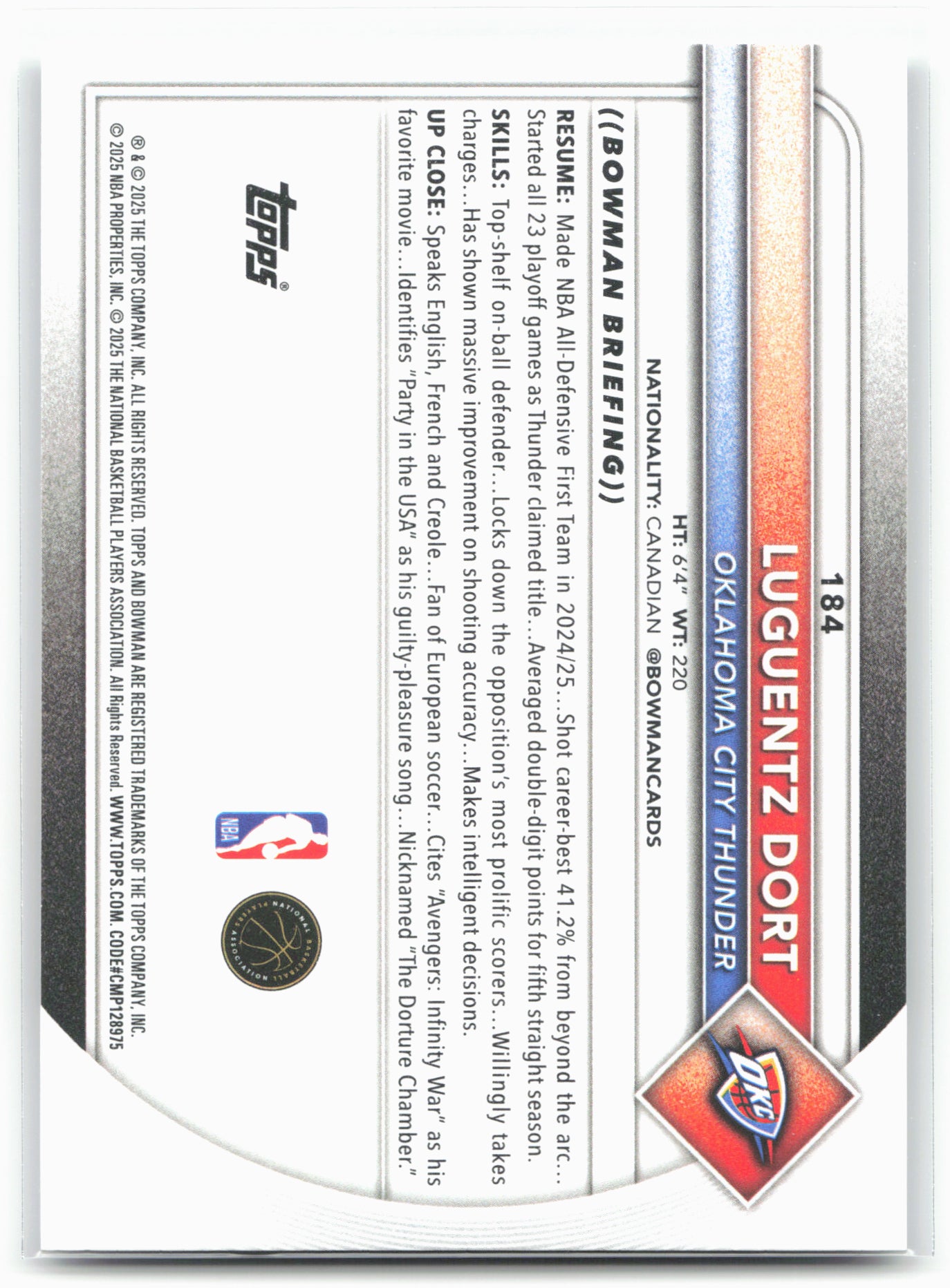 2025-26 Bowman #184 Luguentz Dort