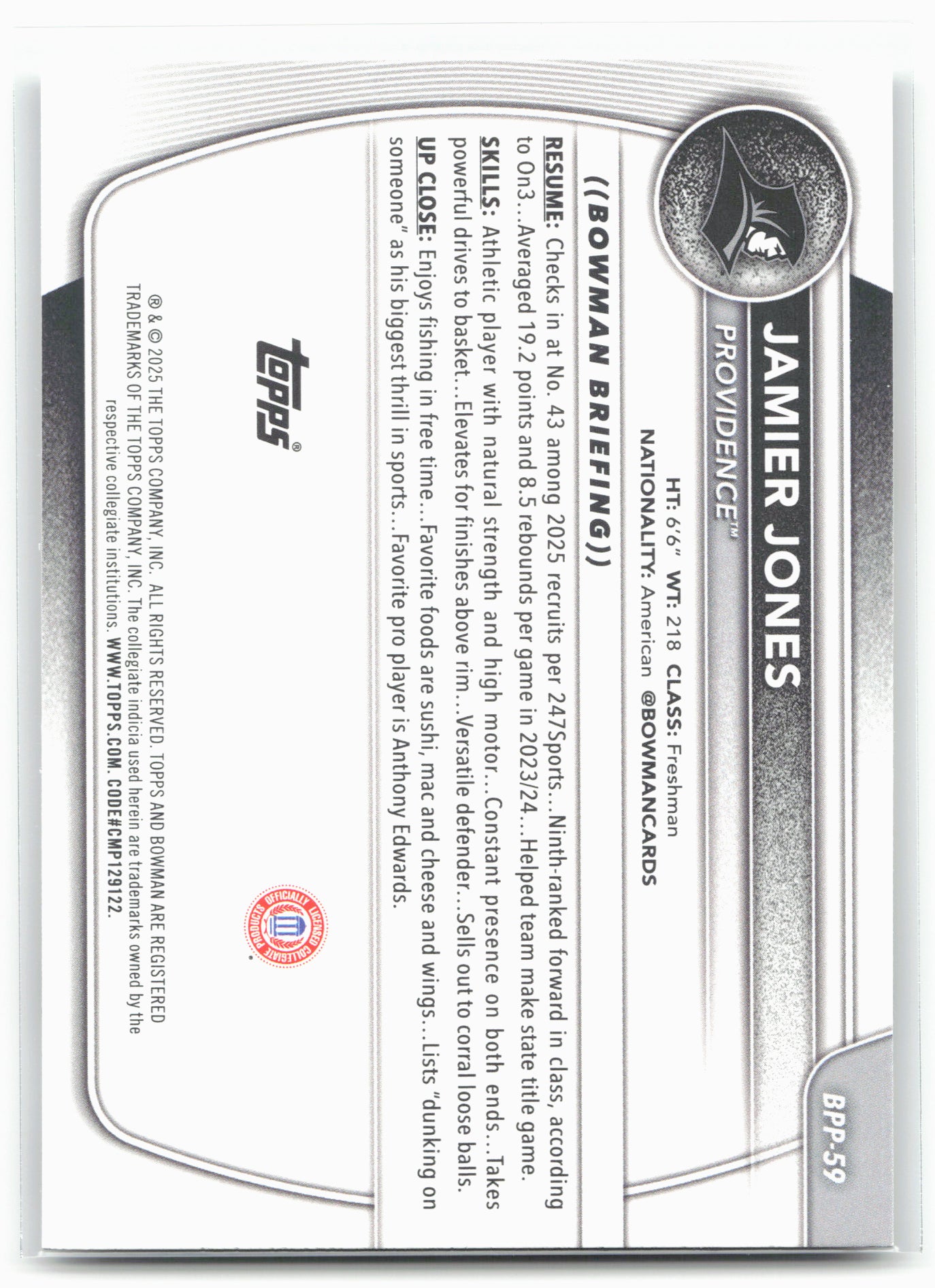 2025-26 Bowman #BPP-59 Jamier Jones Prospects