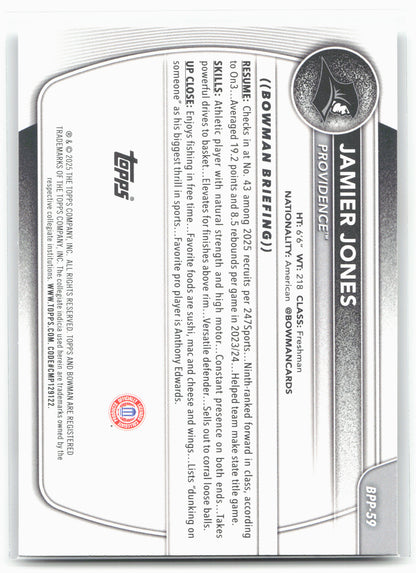 2025-26 Bowman #BPP-59 Jamier Jones Prospects