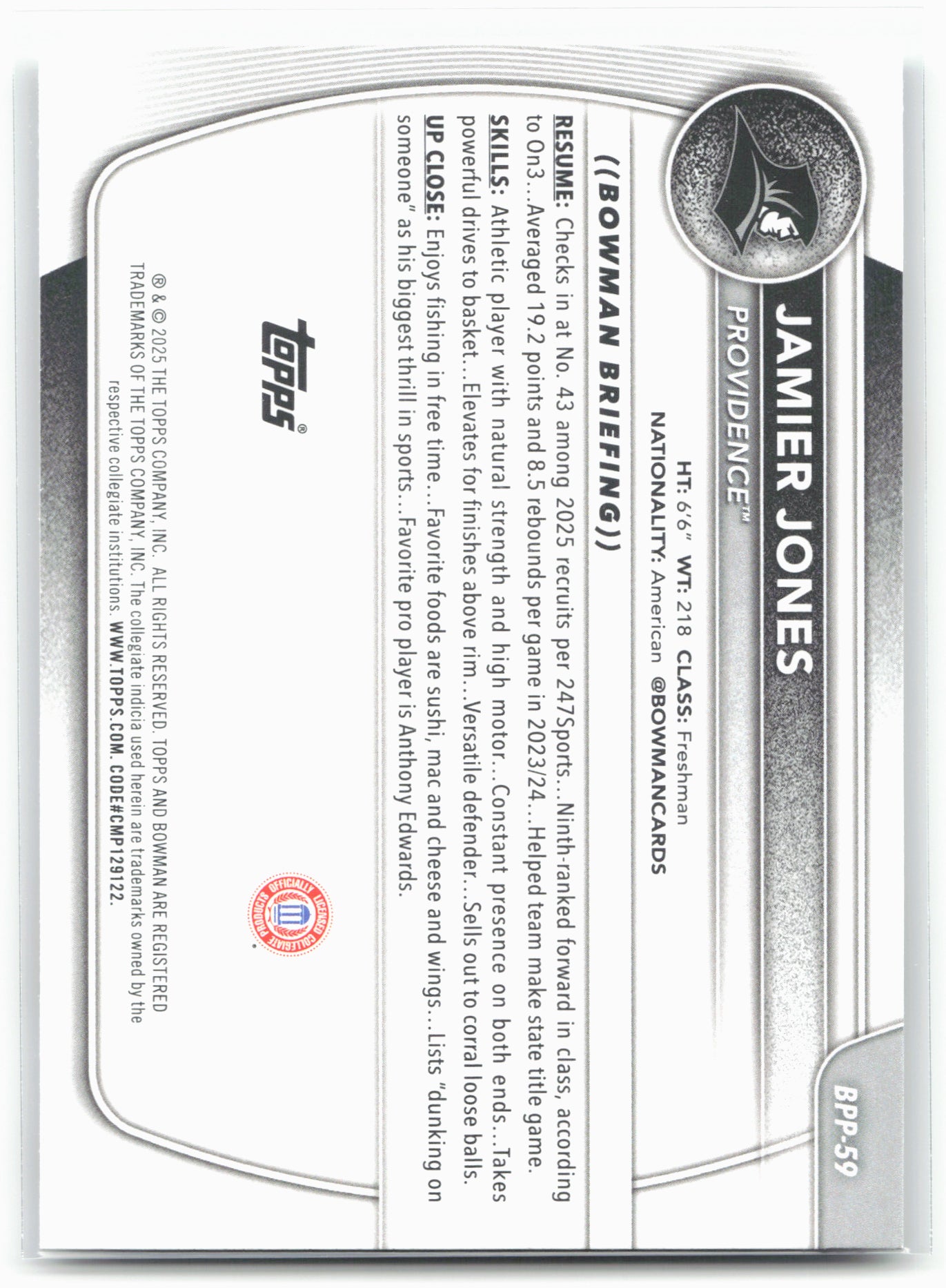2025-26 Bowman #BPP-59 Jamier Jones Prospects 28009