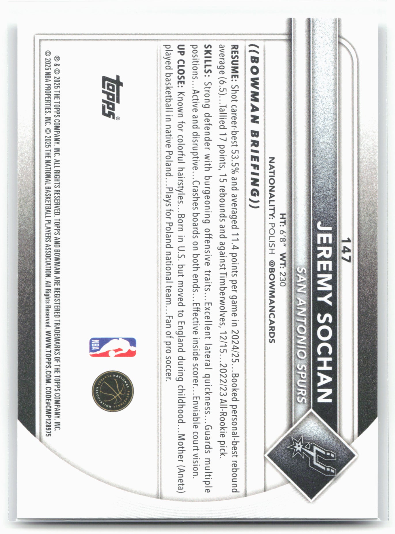 2025-26 Bowman #147 Jeremy Sochan