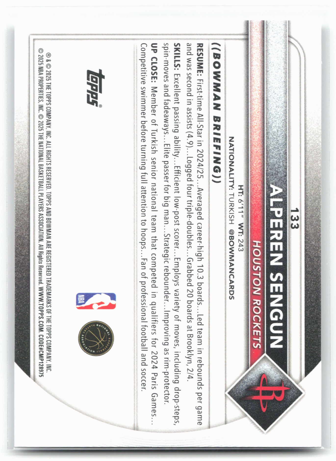 2025-26 Bowman #133 Alperen Sengun