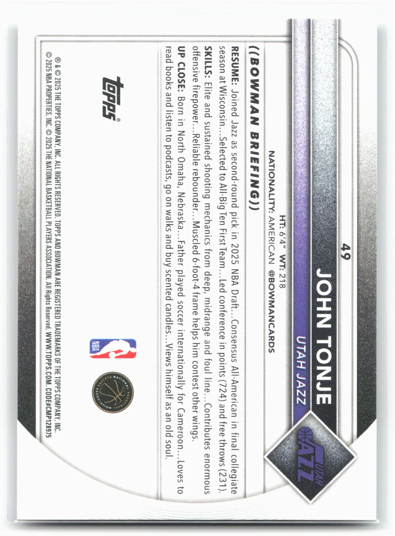 2025-26 Bowman #49 John Tonje