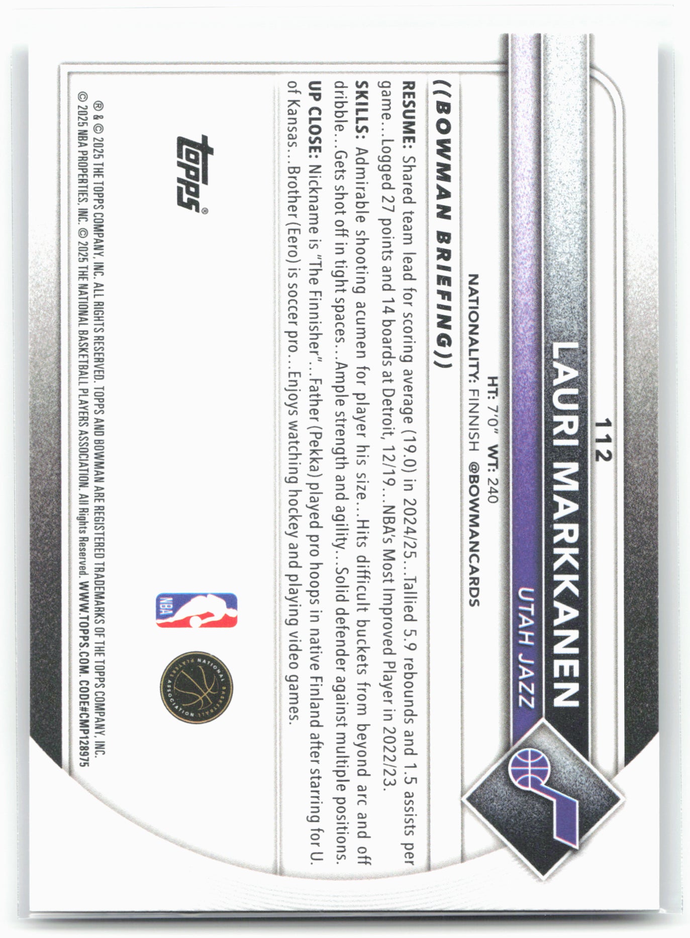 2025-26 Bowman #112 Lauri Markkanen