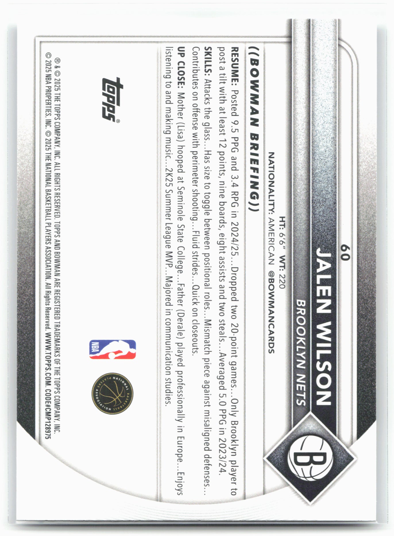 2025-26 Bowman #60 Jalen Wilson