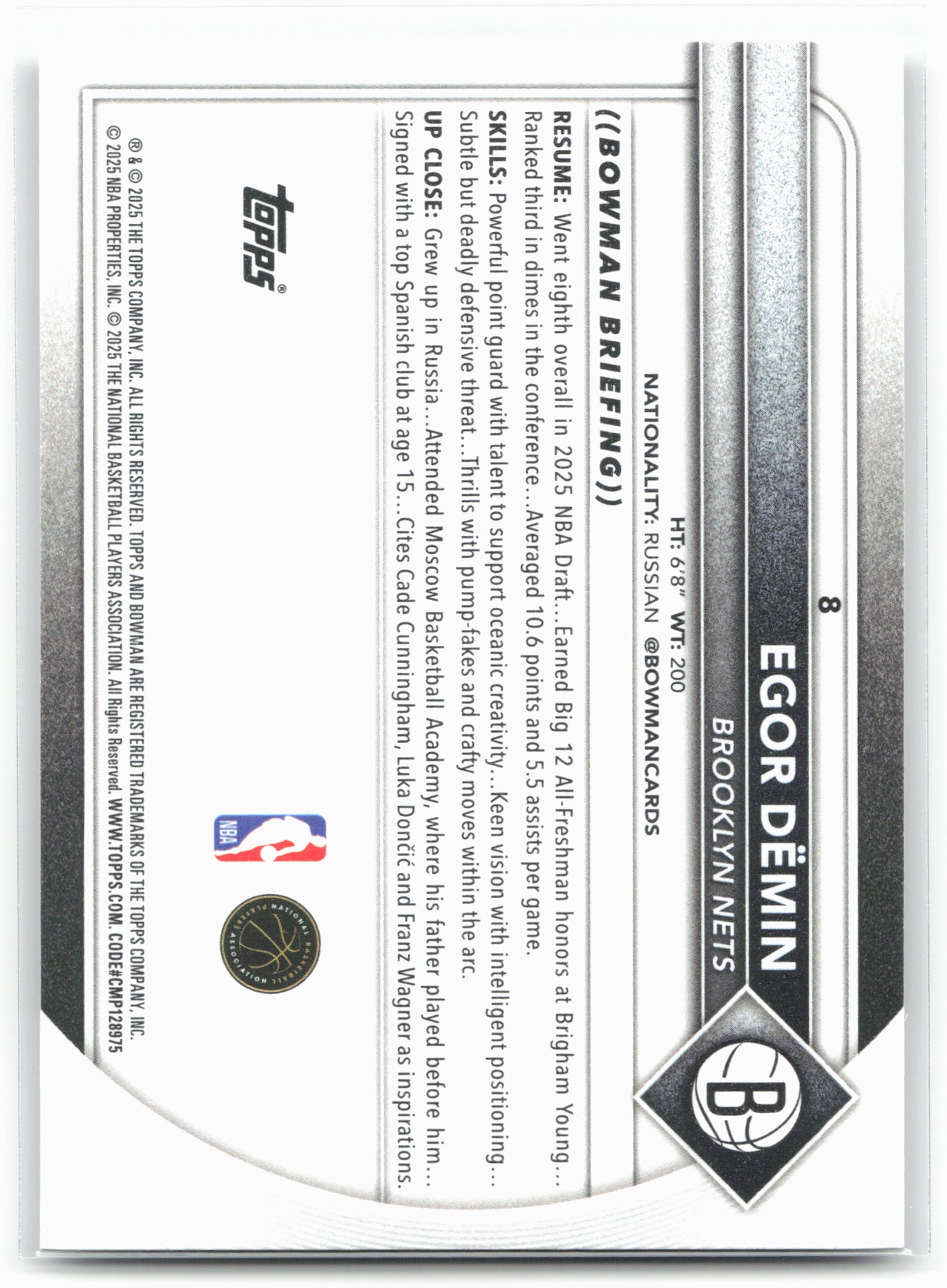 2025-26 Bowman #8 Egor Dëmin