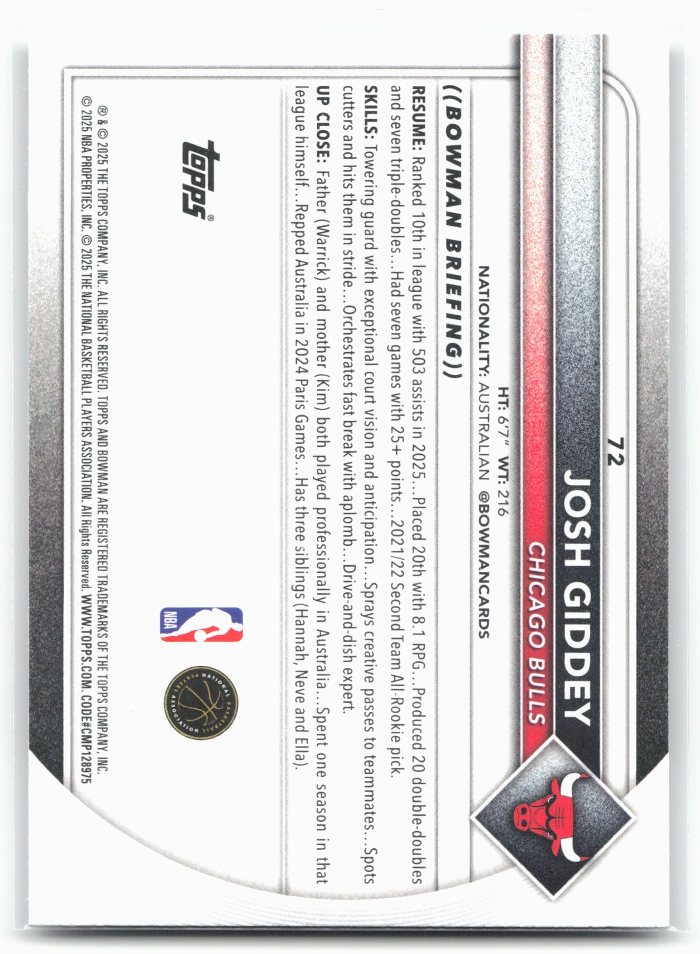 2025-26 Bowman #72 Josh Giddey