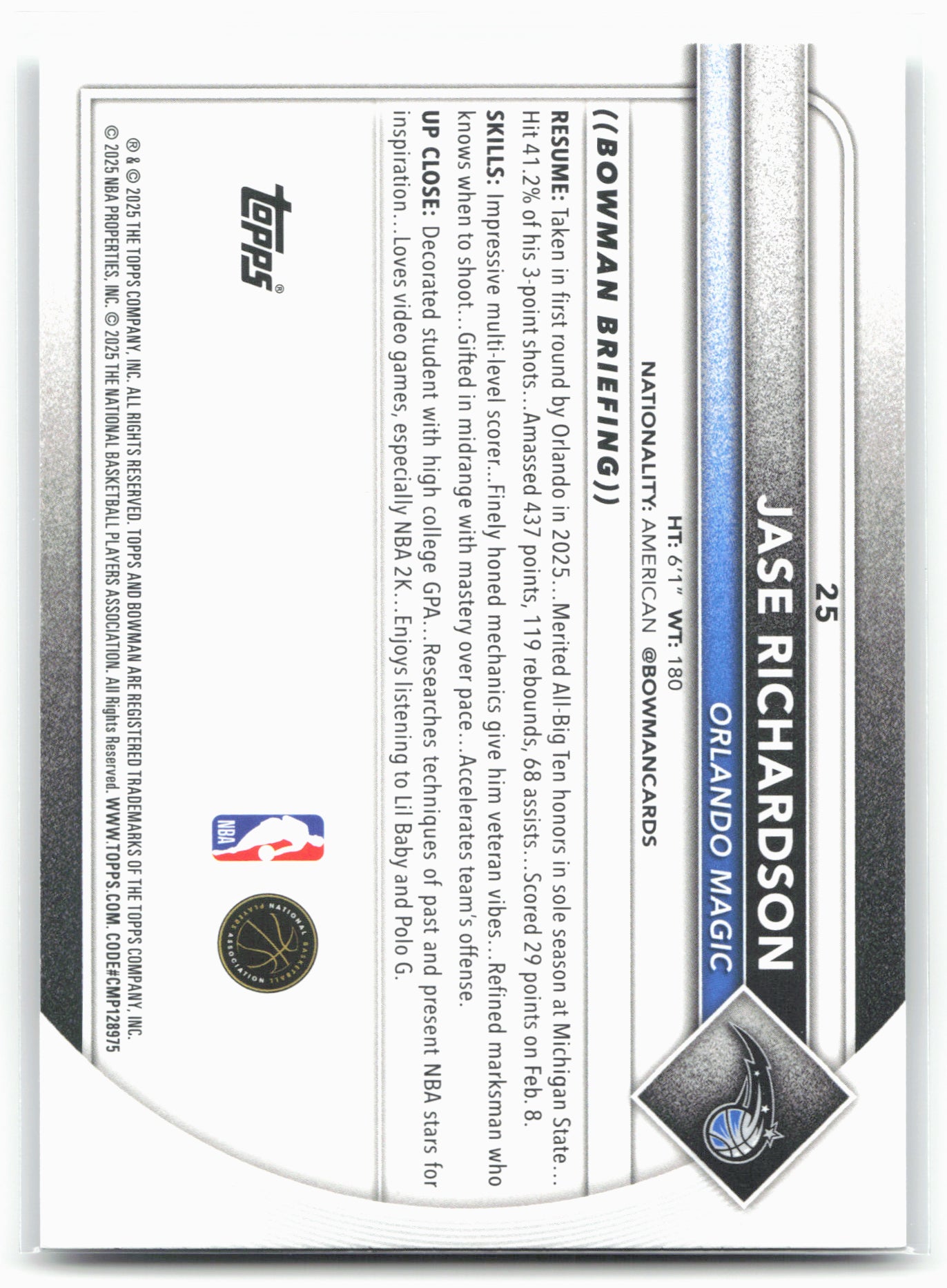 2025-26 Bowman #25 Jase Richardson