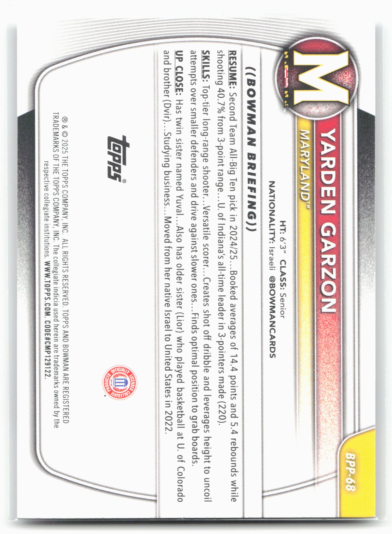2025-26 Bowman #BPP-68 Yarden Garzon Prospects 28047