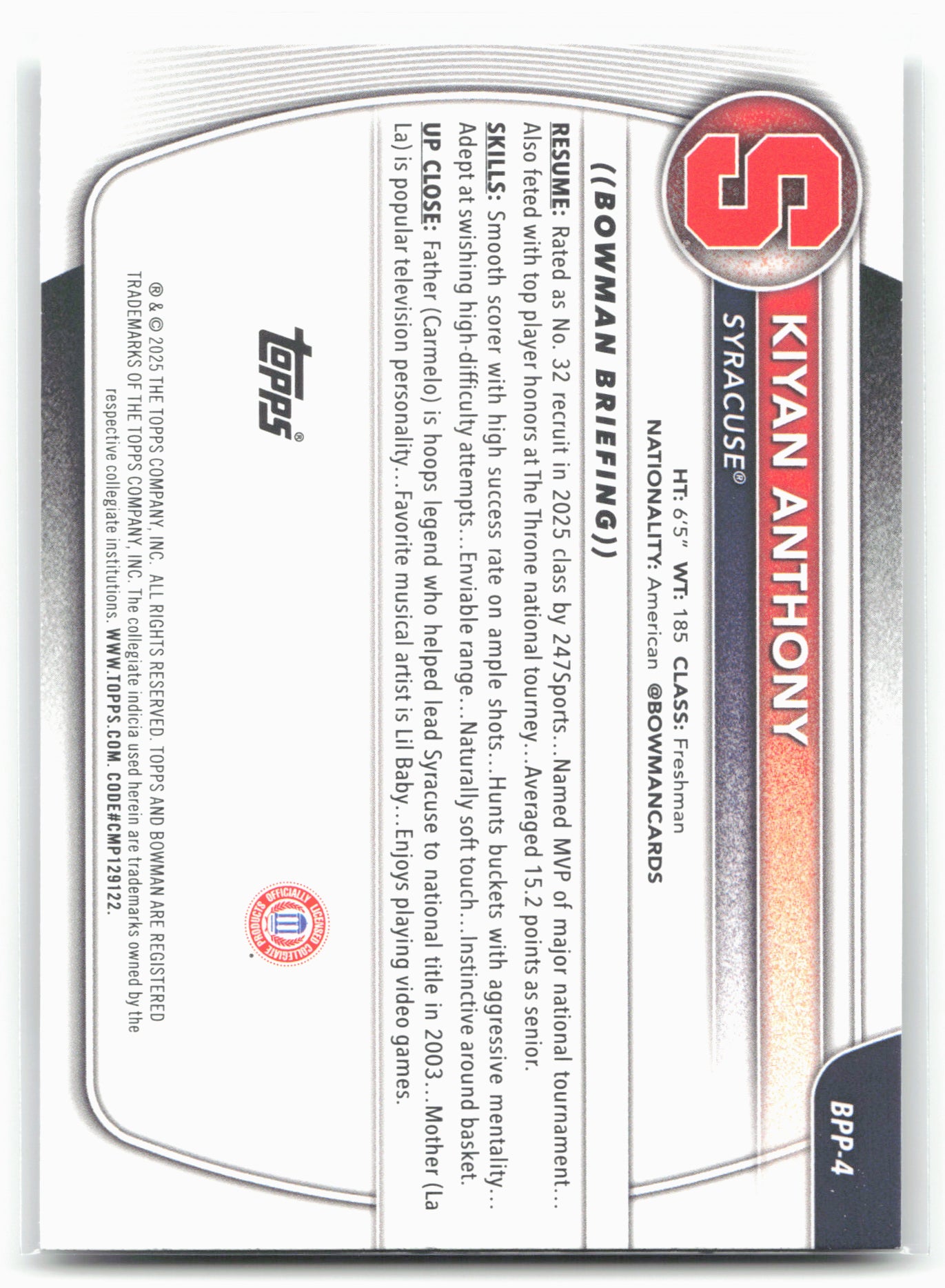2025-26 Bowman #BPP-4 Kiyan Anthony Prospects