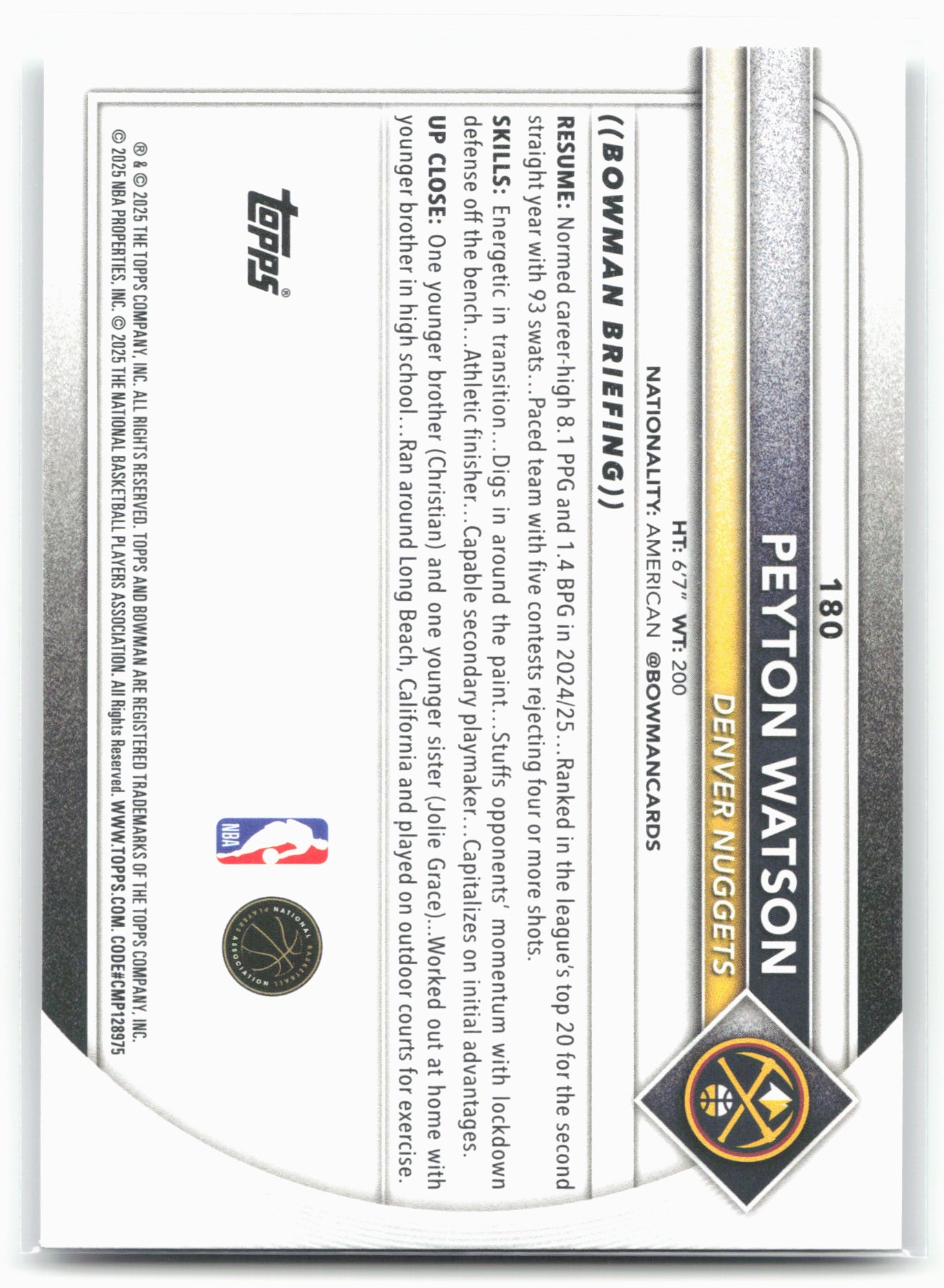 2025-26 Bowman #180 Peyton Watson