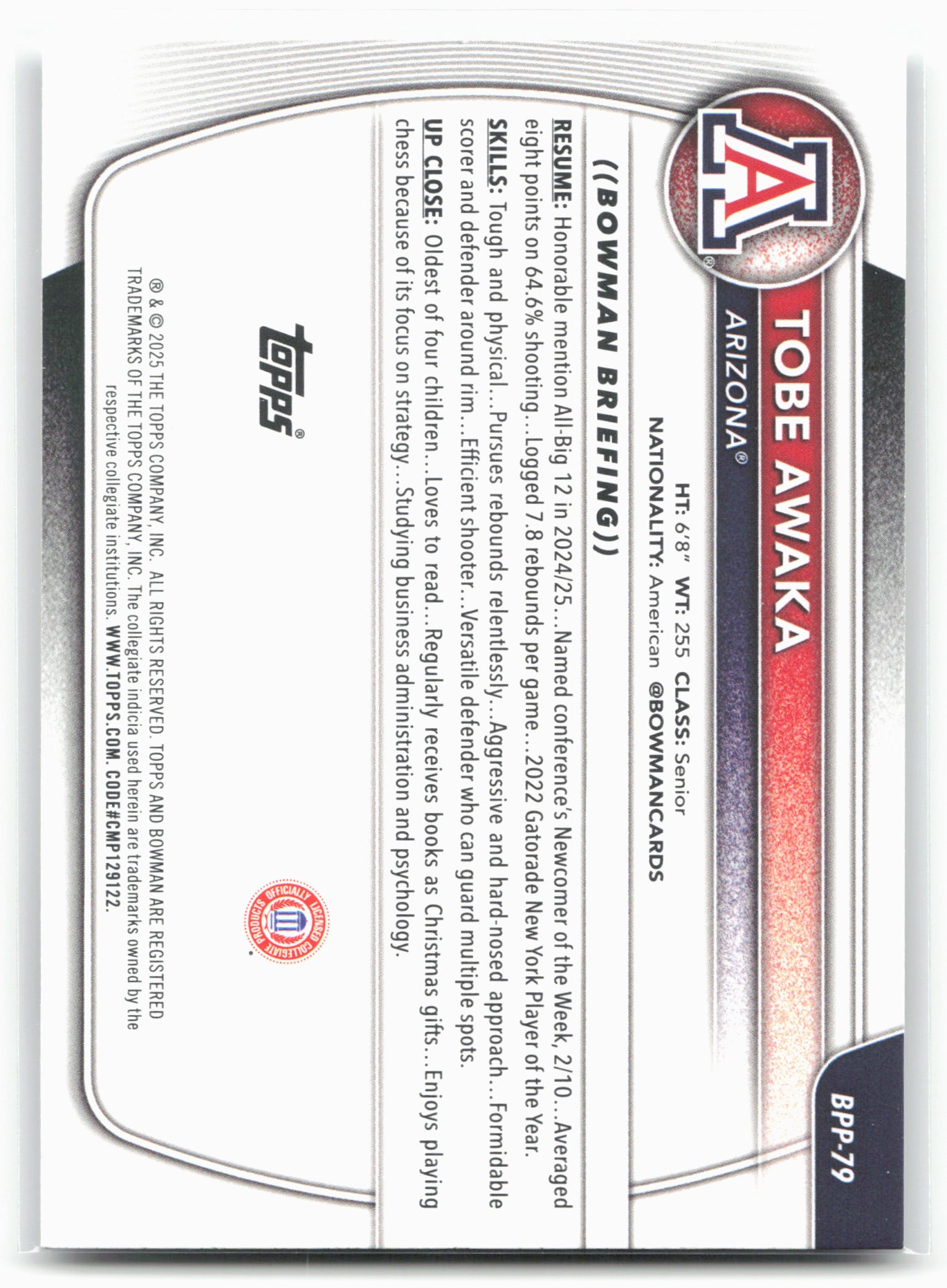 2025-26 Bowman #BPP-79 Tobe Awaka Prospects