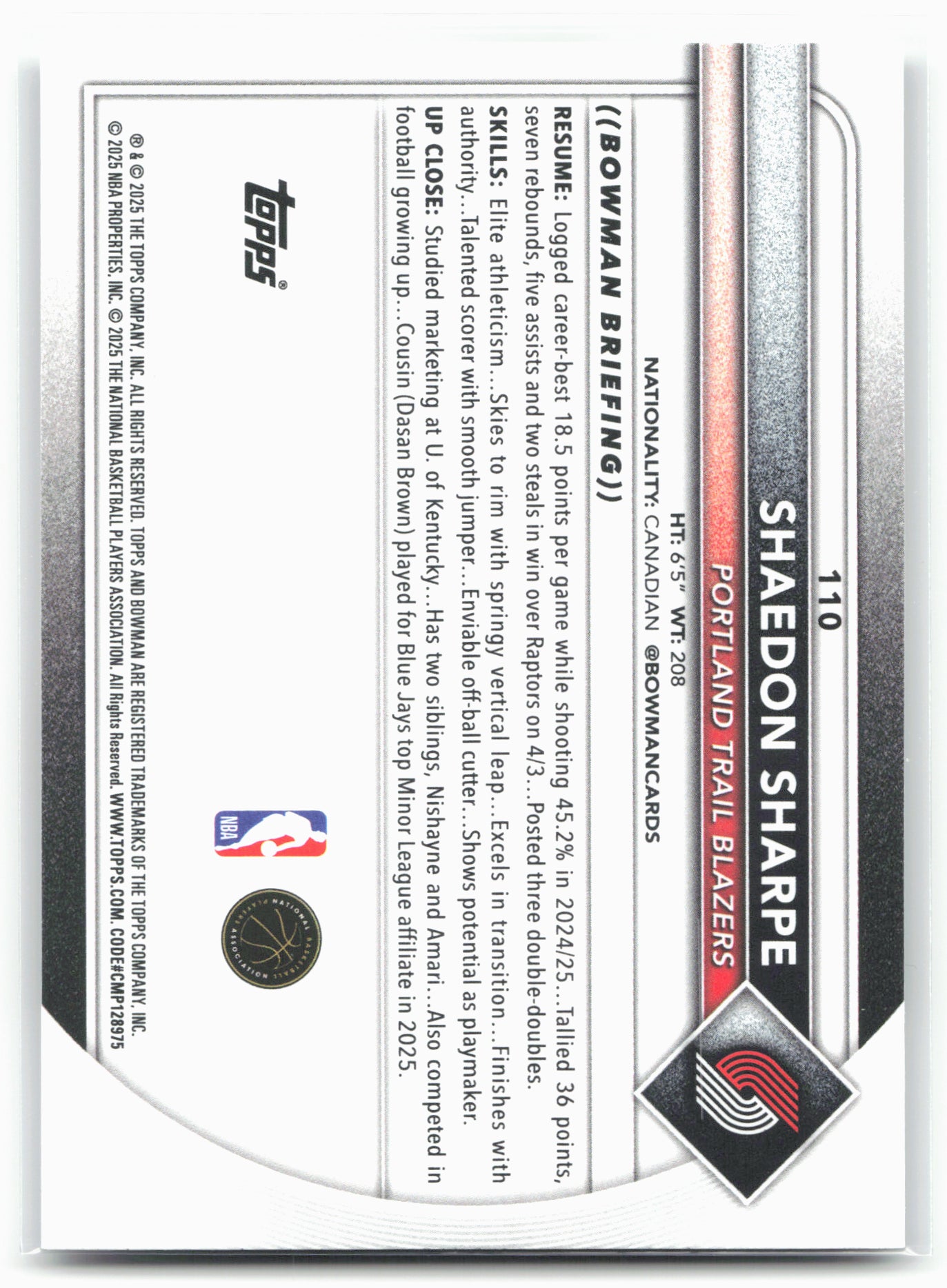2025-26 Bowman #110 Shaedon Sharpe