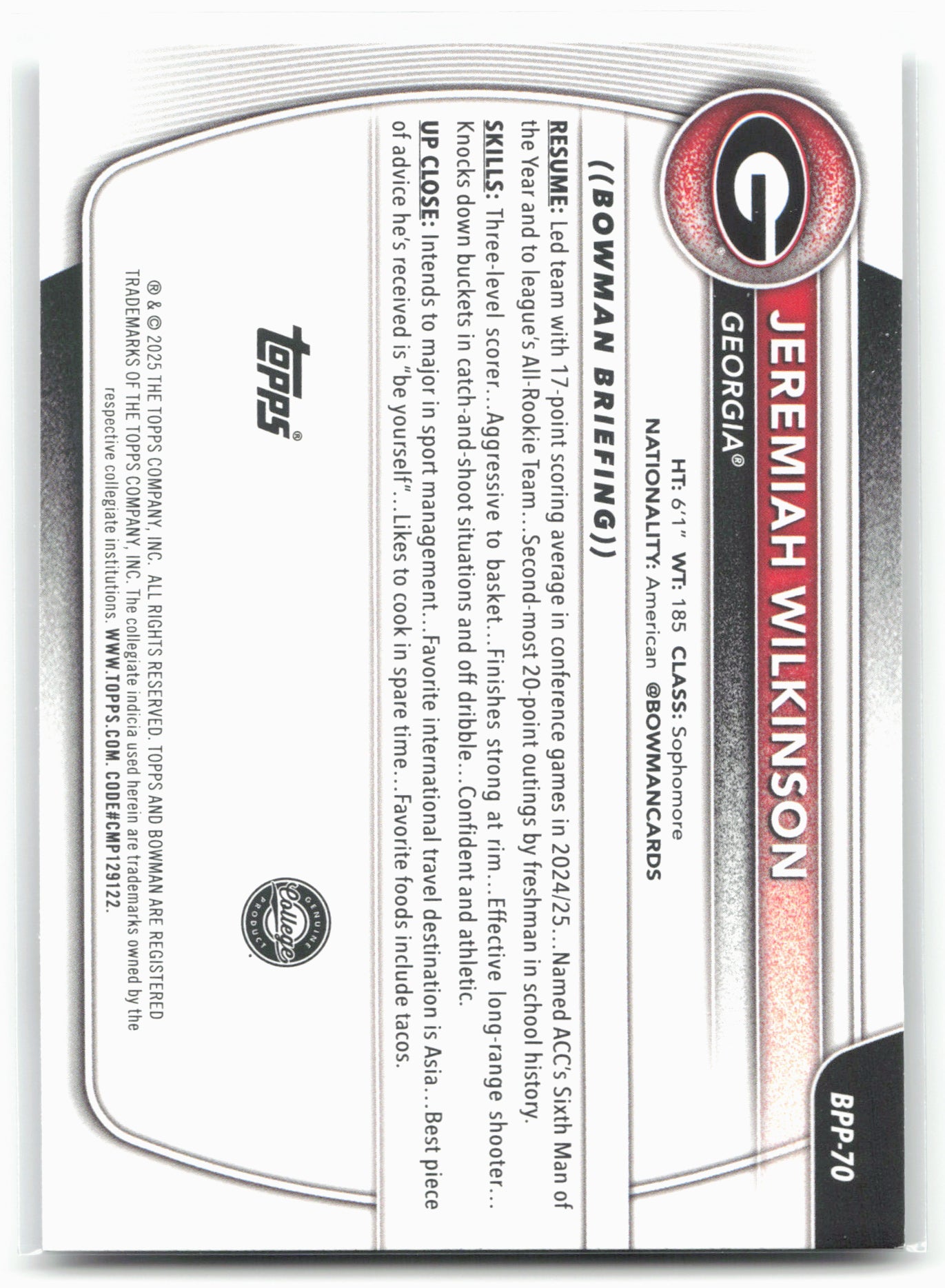 2025-26 Bowman #BPP-70 Jeremiah Wilkinson Prospects