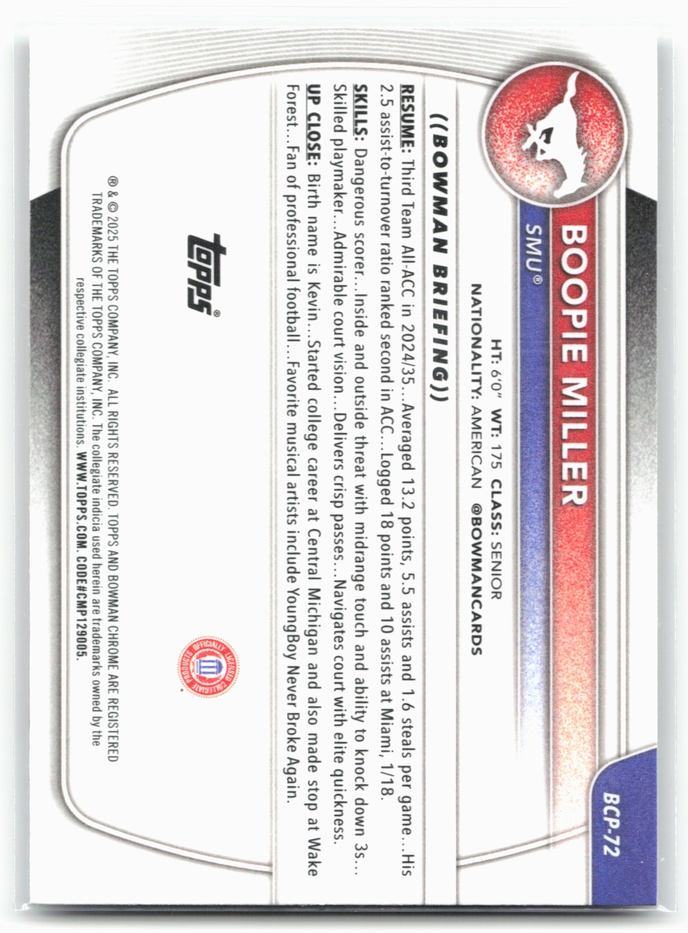 2025-26 Bowman #BCP-72 Boopie Miller Chrome Prospects