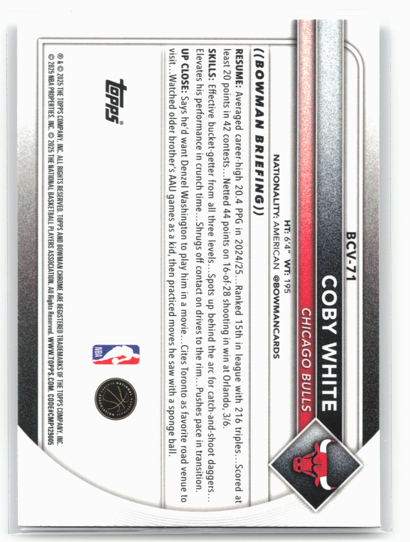 2025-26 Bowman #BCV-71 Coby White Chrome