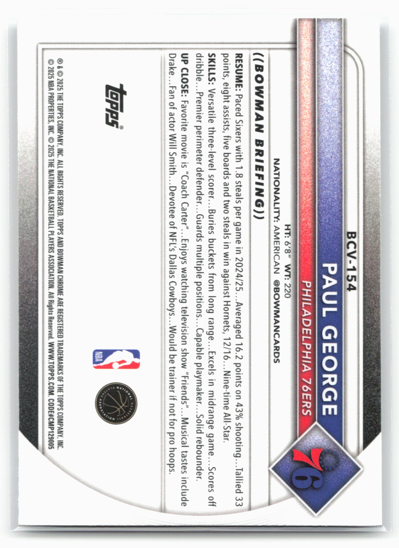 2025-26 Bowman #BCV-154 Paul George Chrome