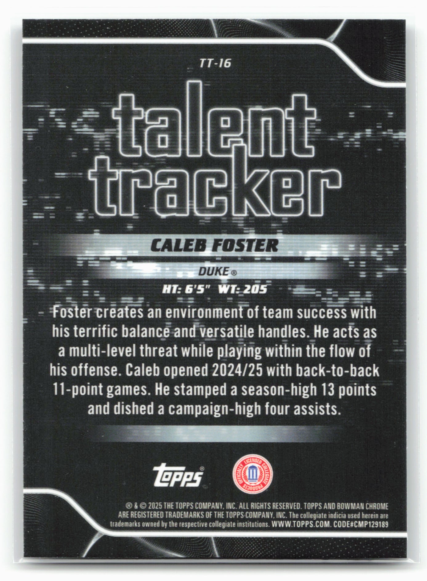 2025-26 Bowman #TT-16 Caleb Foster Talent Tracker