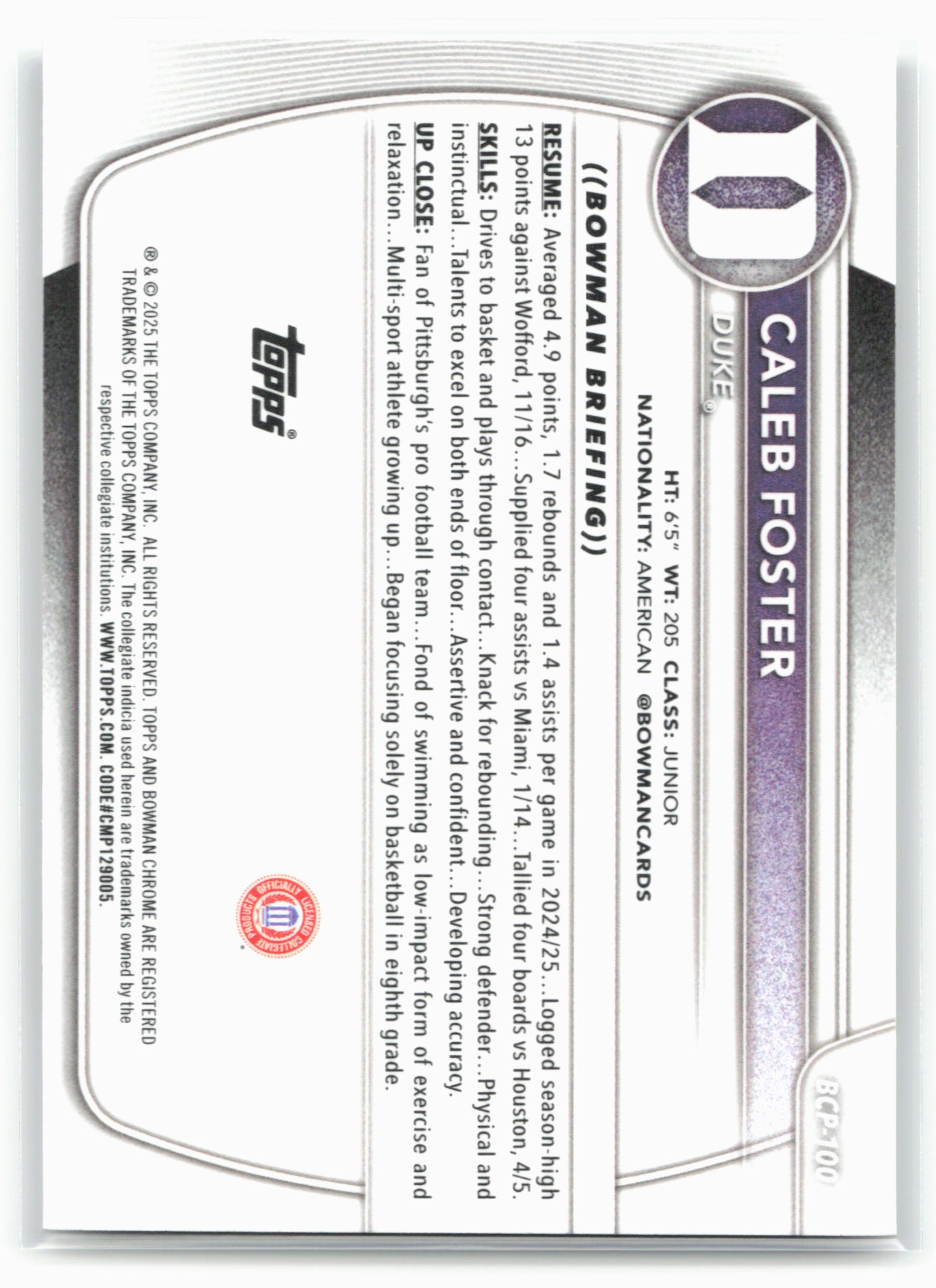 2025-26 Bowman #BCP-100 Caleb Foster Chrome Prospects