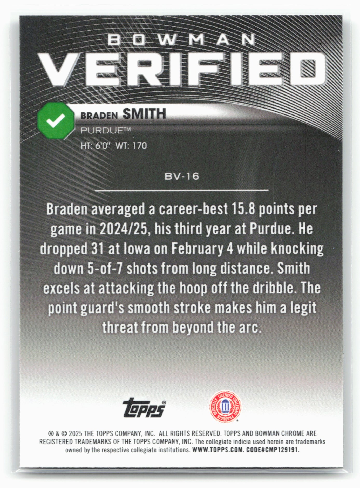 2025-26 Bowman #BV-16 Braden Smith Bowman Verified