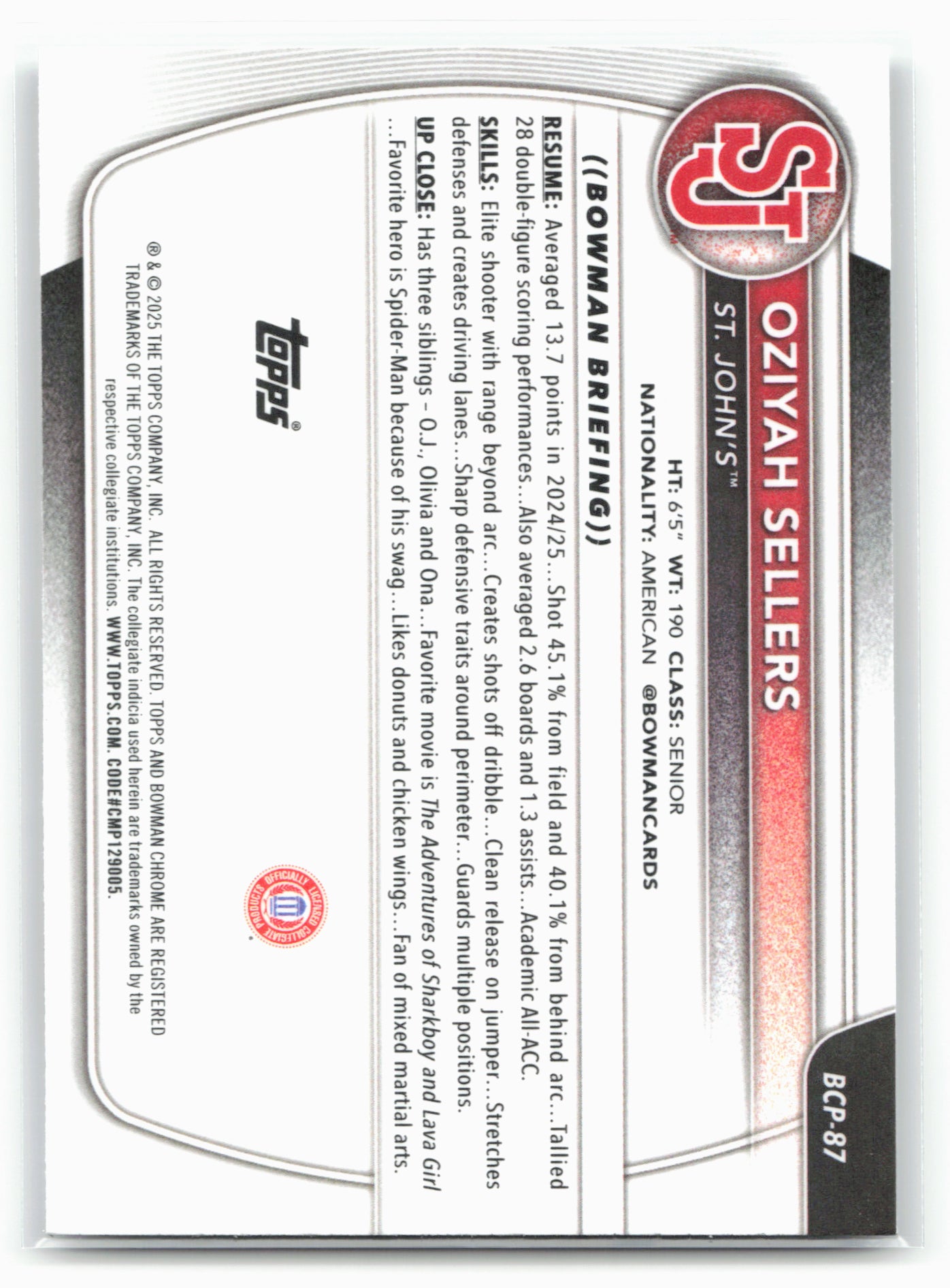 2025-26 Bowman #BCP-87 Oziyah Sellers Chrome Prospects