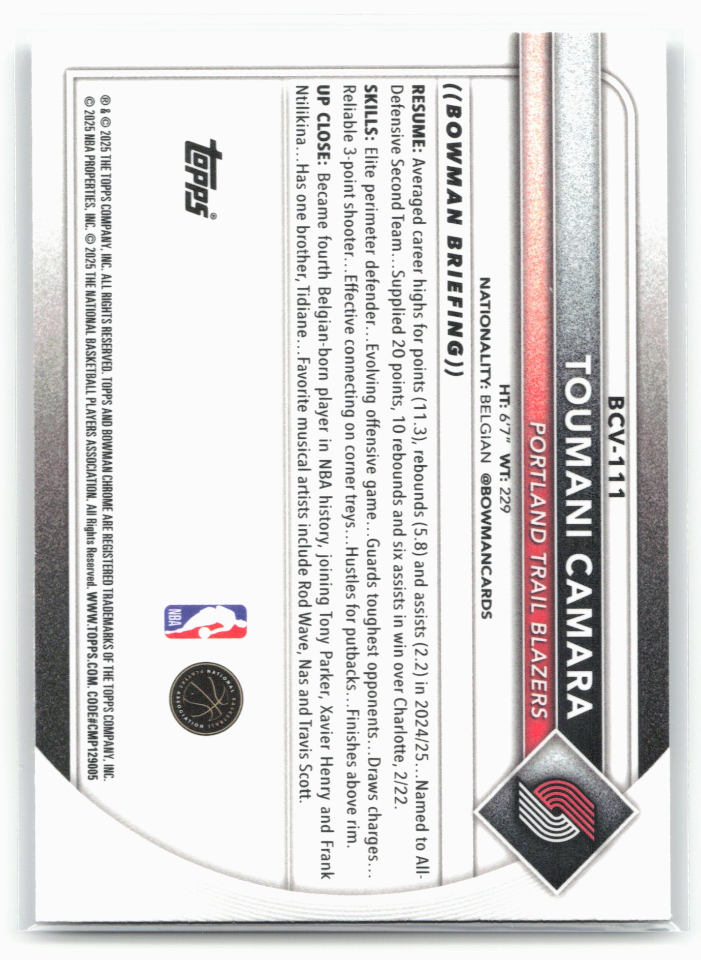 2025-26 Bowman #BCV-111 Toumani Camara Chrome
