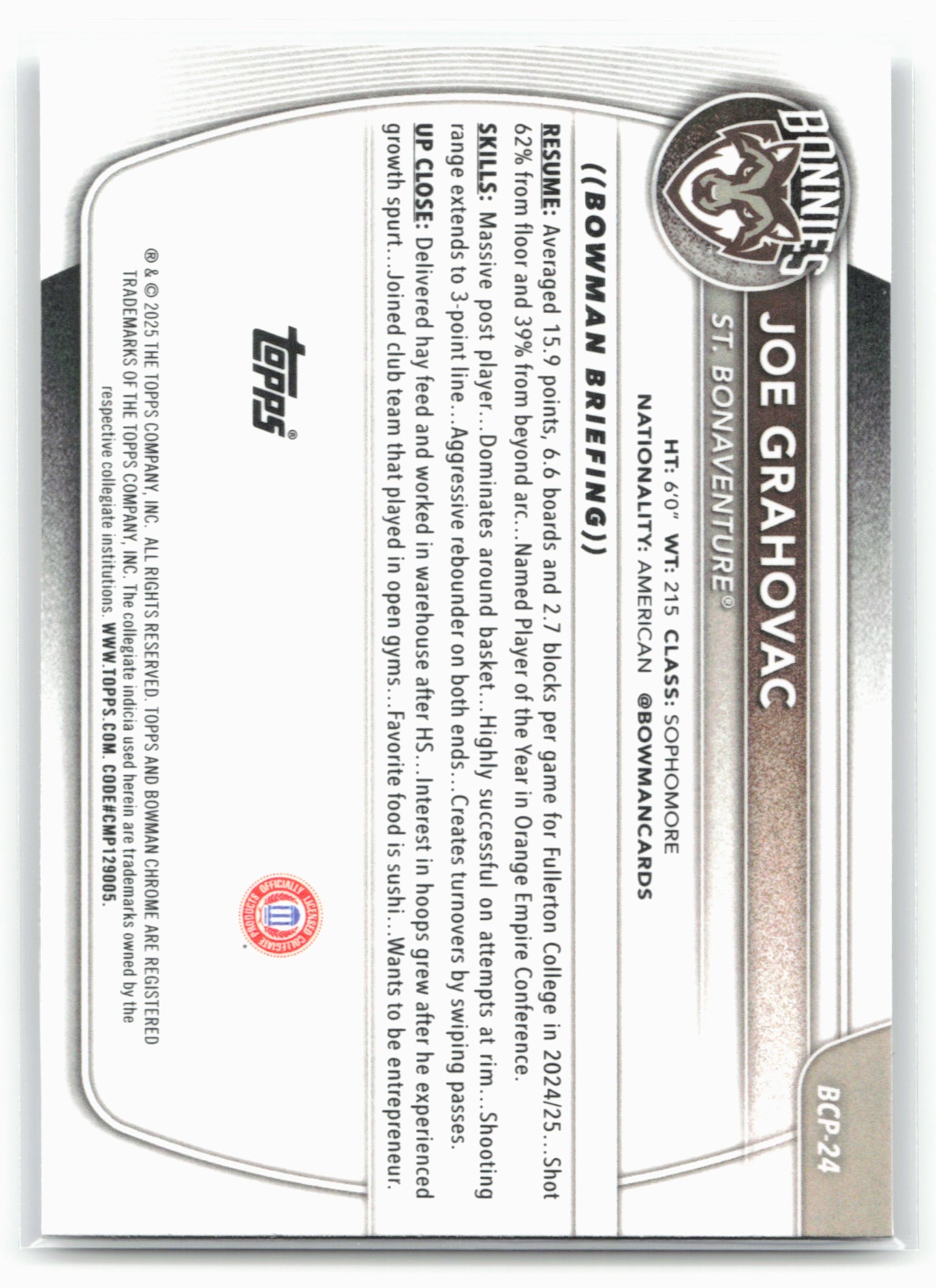 2025-26 Bowman #BCP-24 Joe Grahovac Chrome Prospects