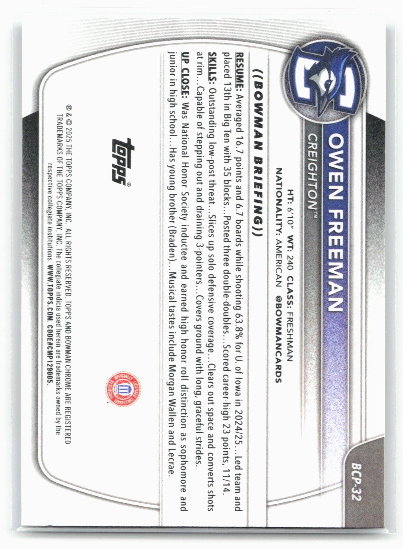 2025-26 Bowman #BCP-32 Owen Freeman Chrome Prospects