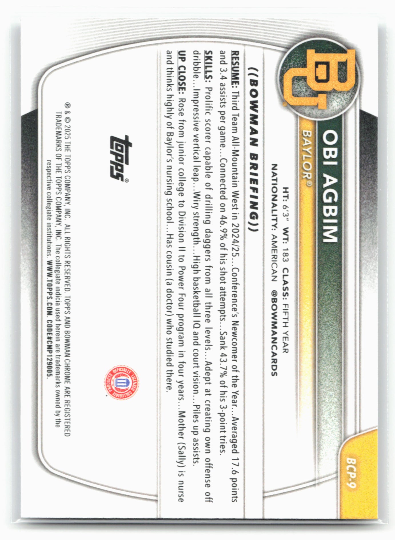 2025-26 Bowman #BCP-9 Obi Agbim Chrome Prospects