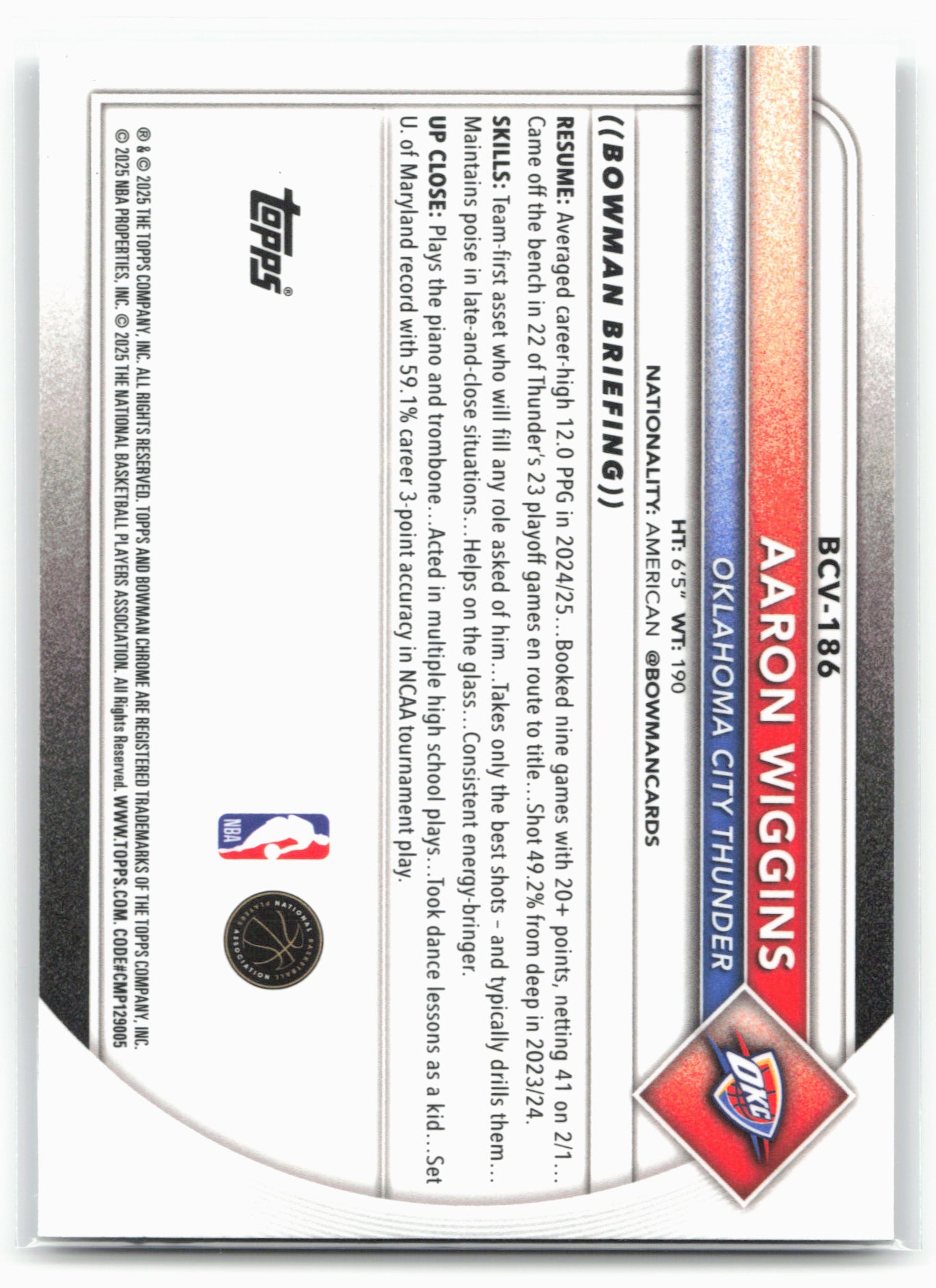 2025-26 Bowman #BCV-186 Aaron Wiggins Chrome