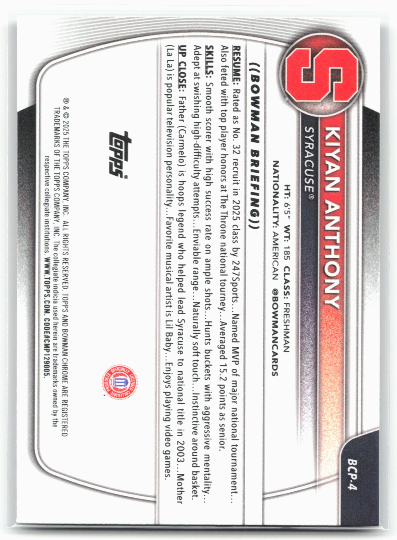2025-26 Bowman #BCP-4 Kiyan Anthony Chrome Prospects Reptilian Refractor