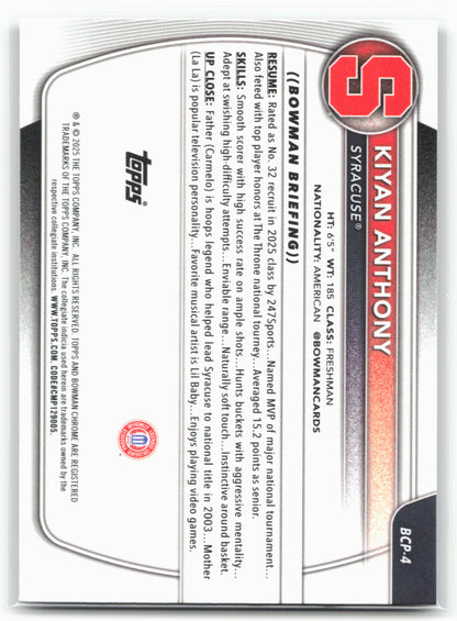 2025-26 Bowman #BCP-4 Kiyan Anthony Chrome Prospects Reptilian Refractor