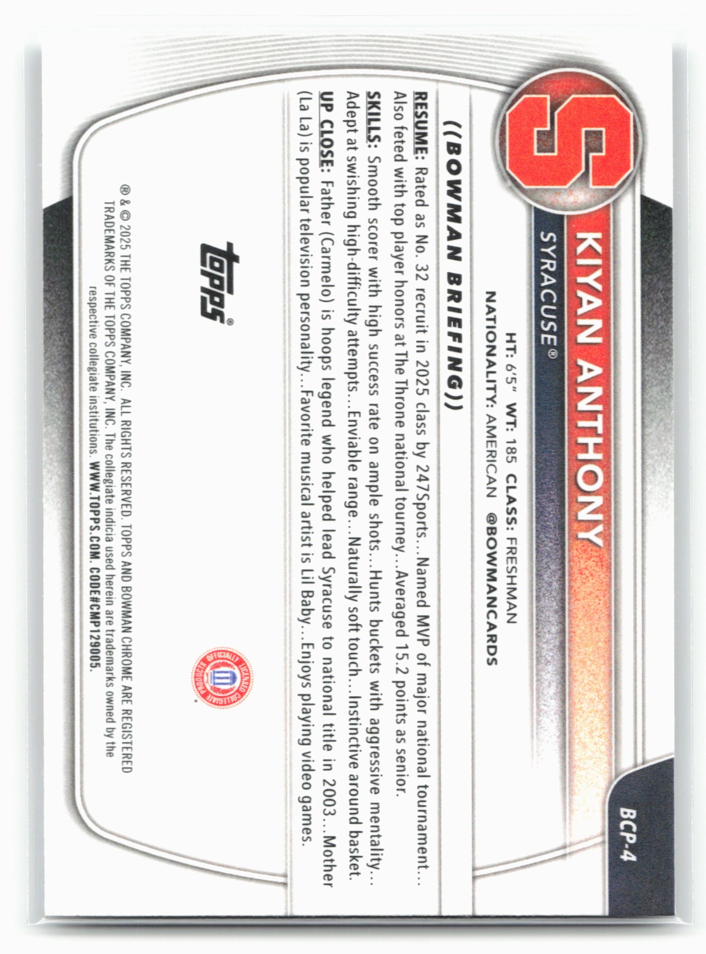 2025-26 Bowman #BCP-4 Kiyan Anthony Chrome Prospects