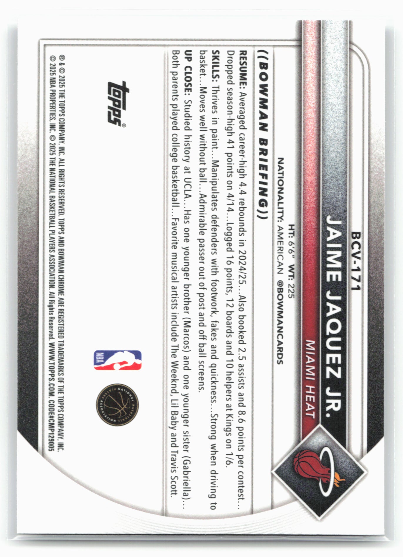 2025-26 Bowman #BCV-171 Jaime Jaquez Jr. Chrome