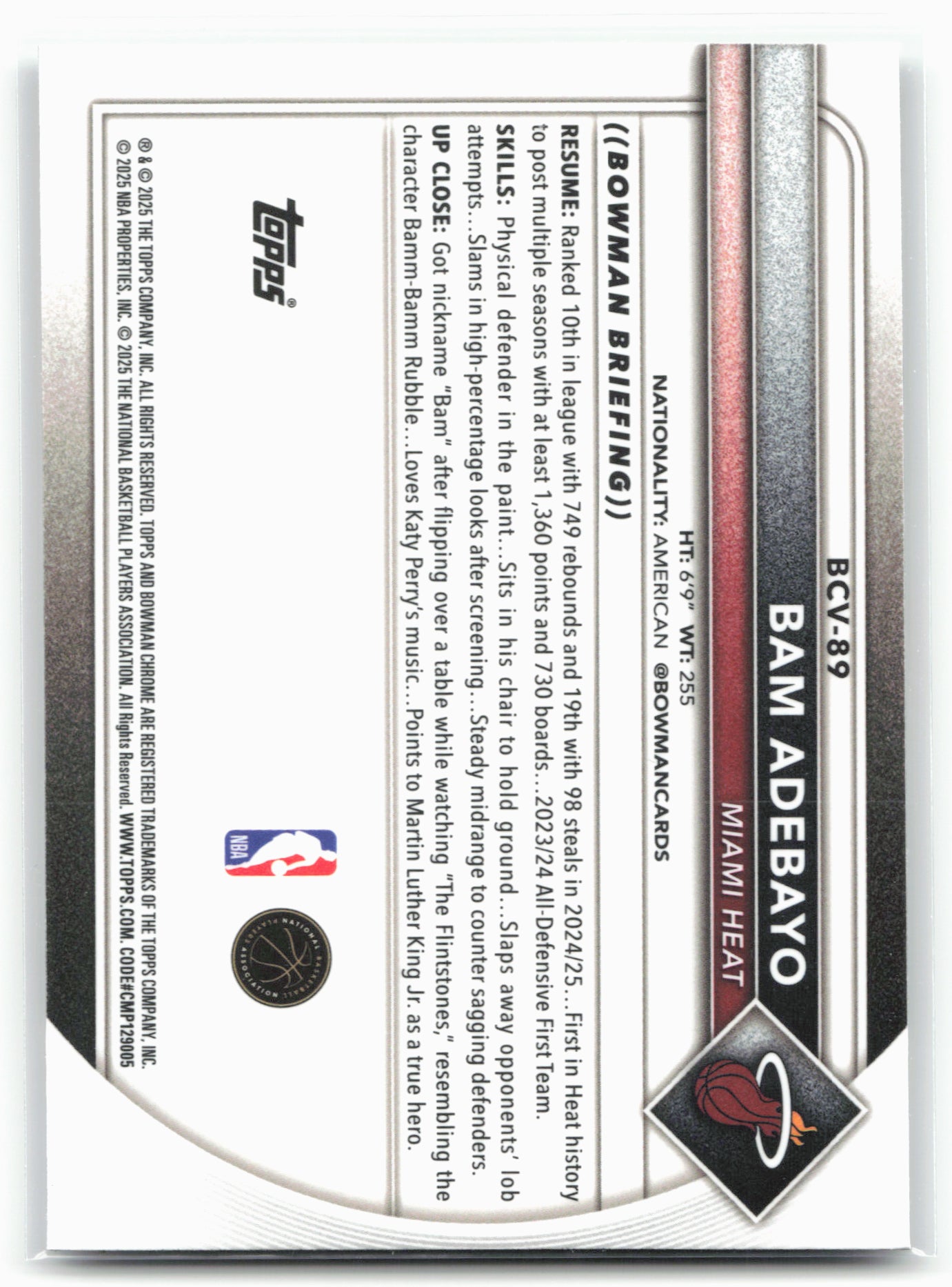 2025-26 Bowman #BCV-89 Bam Adebayo Chrome