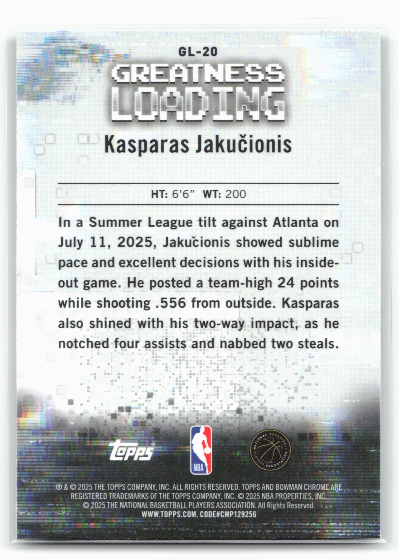 2025-26 Bowman #GL-20 Kasparas Jakucionis Greatness Loading