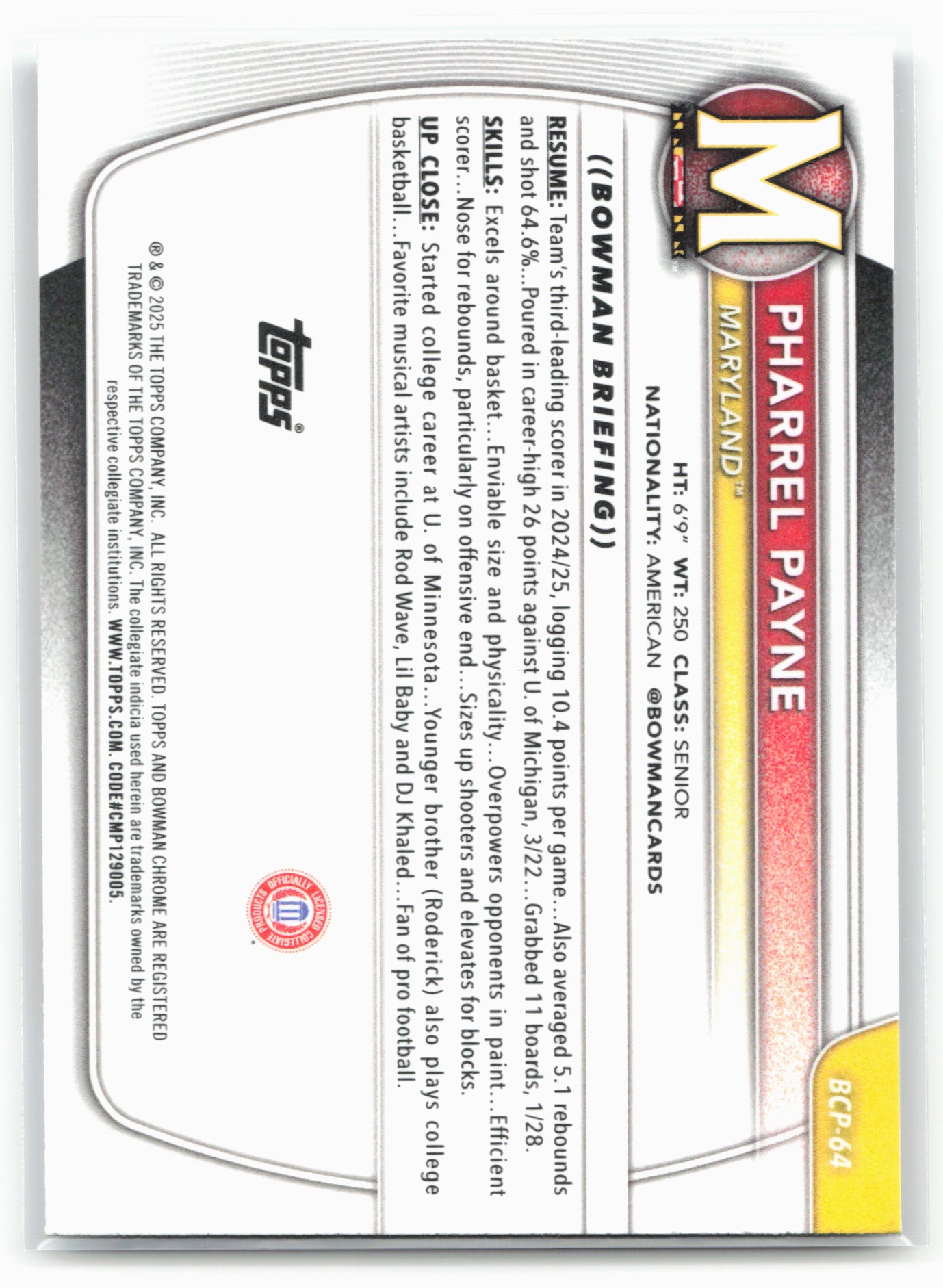 2025-26 Bowman #BCP-64 Pharrel Payne Chrome Prospects