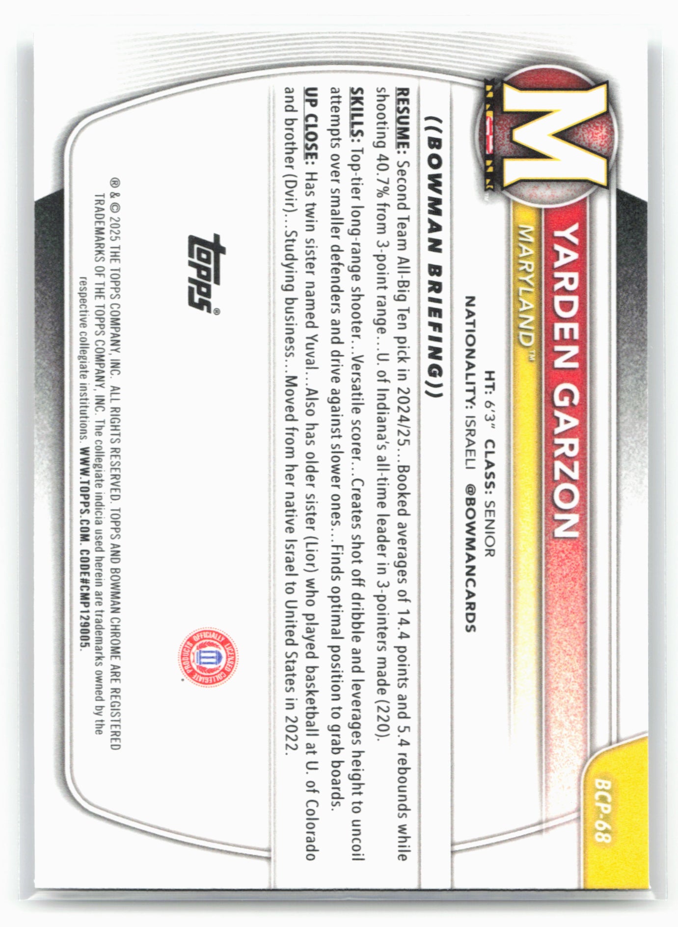 2025-26 Bowman #BCP-68 Yarden Garzon Chrome Prospects 28116