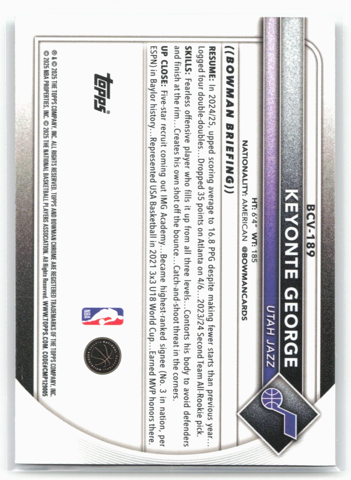 2025-26 Bowman #BCV-189 Keyonte George Chrome