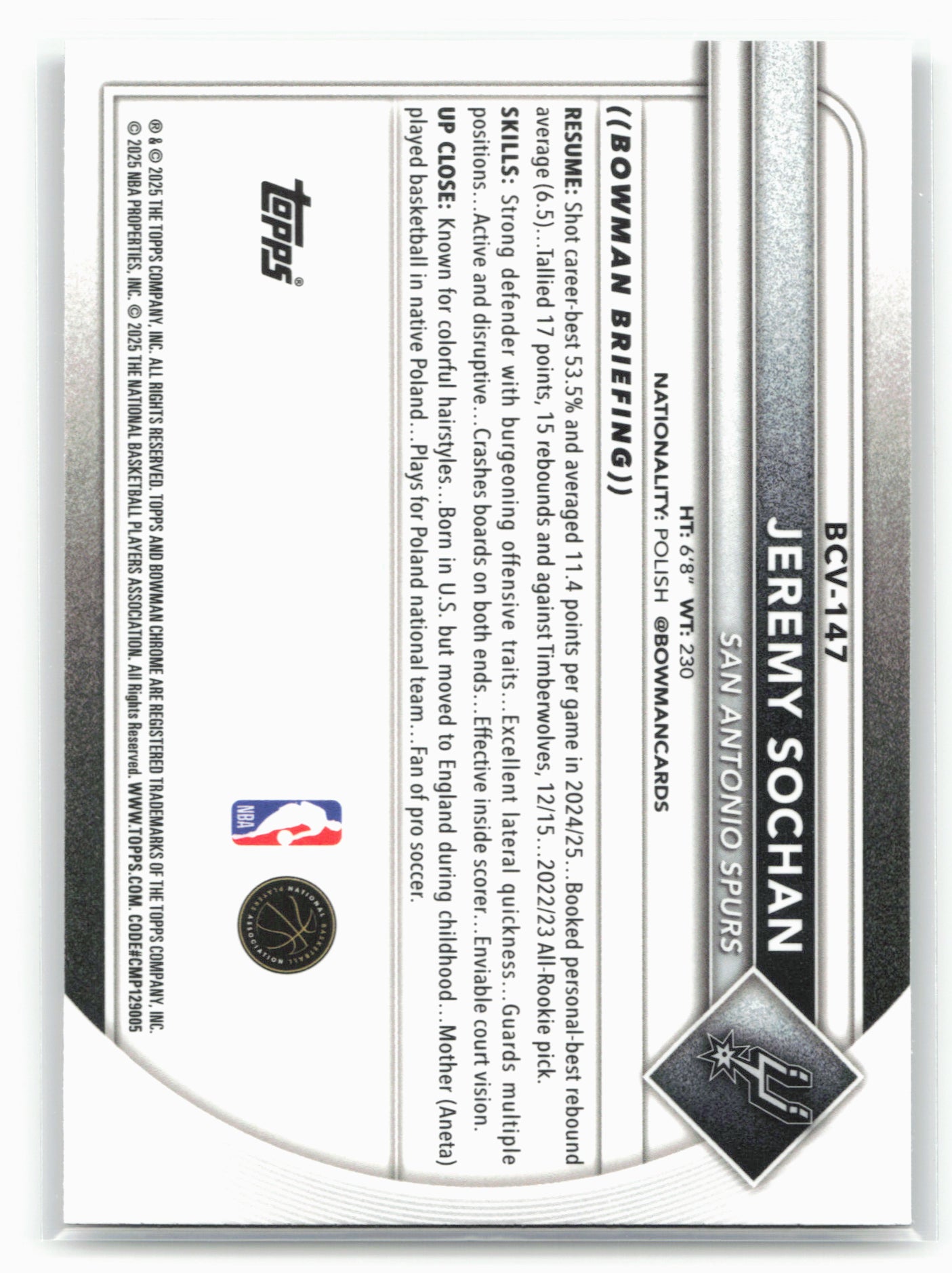 2025-26 Bowman #BCV-147 Jeremy Sochan Chrome Reptilian Refractor