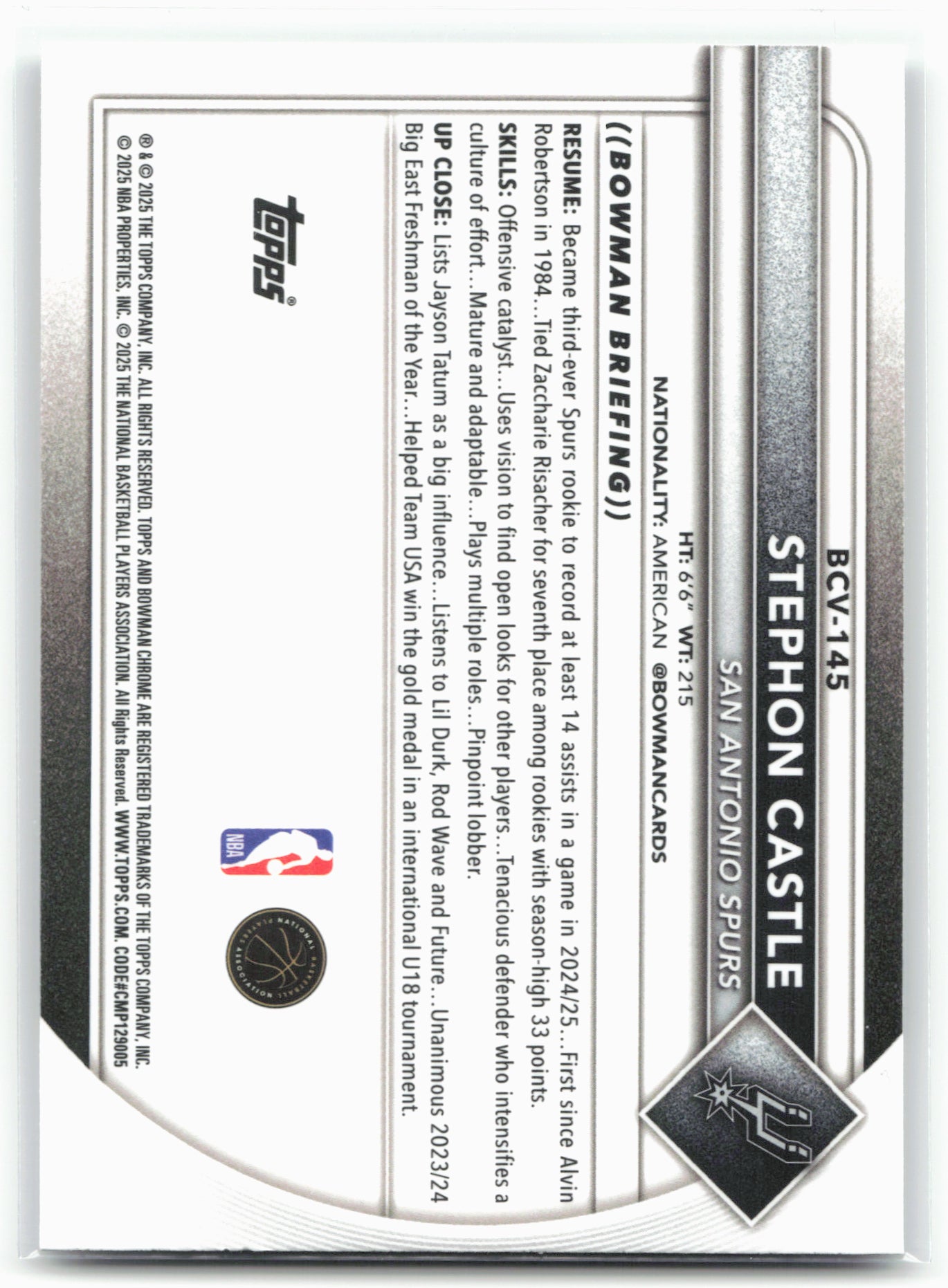 2025-26 Bowman #BCV-145 Stephon Castle Chrome